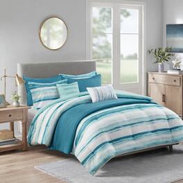 TinyHomie - 8 Piece Printed Seersucker Comforter and Quilt Set Collection King/Cal King - Aqua