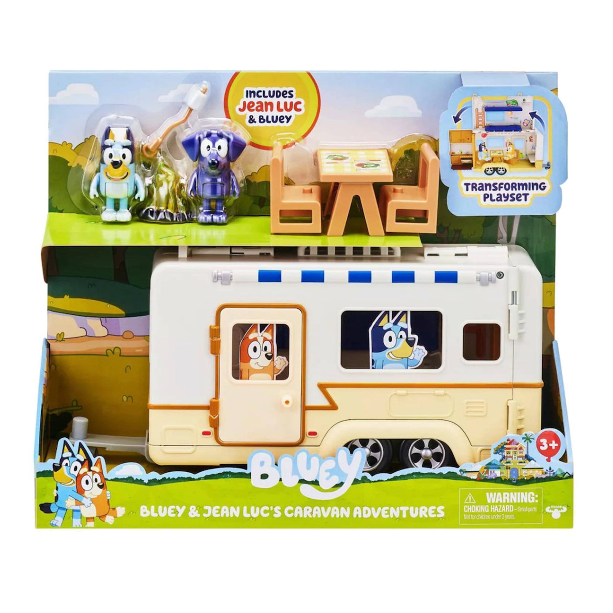 **Includes Jean Luc & Bluey**

**Bluey**

**Bluey & Jean Luc's Caravan Adventures**

**Transforming Playset**

**Warning: Choking Hazard - Small parts. Not for children under 3 years.**

**3+**