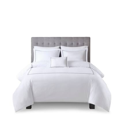 Front. Gracie Mills - Gracie Mills Mooney 500 Thread Count Embroidered Stripe Cotton Sateen Comforter Set - White/Grey.