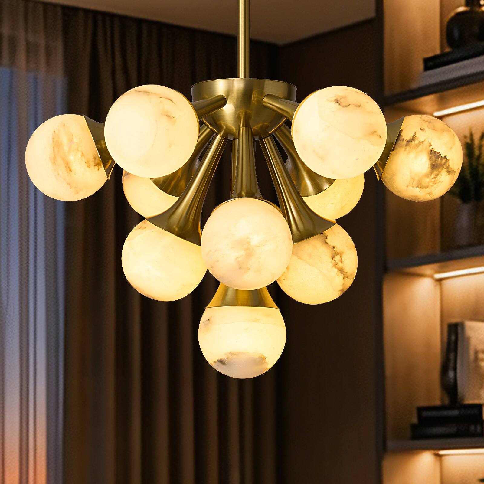Front. Siljoy - 22 Inch Luxury Alabaster Globe Molecular Chandelier Modern Gold Sputnik Pendant Light for Living Room Dining Room - Gold.
