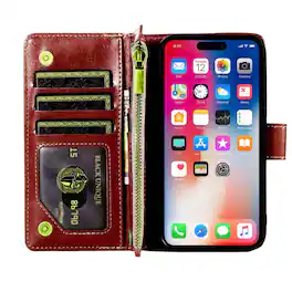 Kitcheniva - PU Leather Phone Wallet Zipper With Tempered Glass For iPhone 16 6.1" - Brown