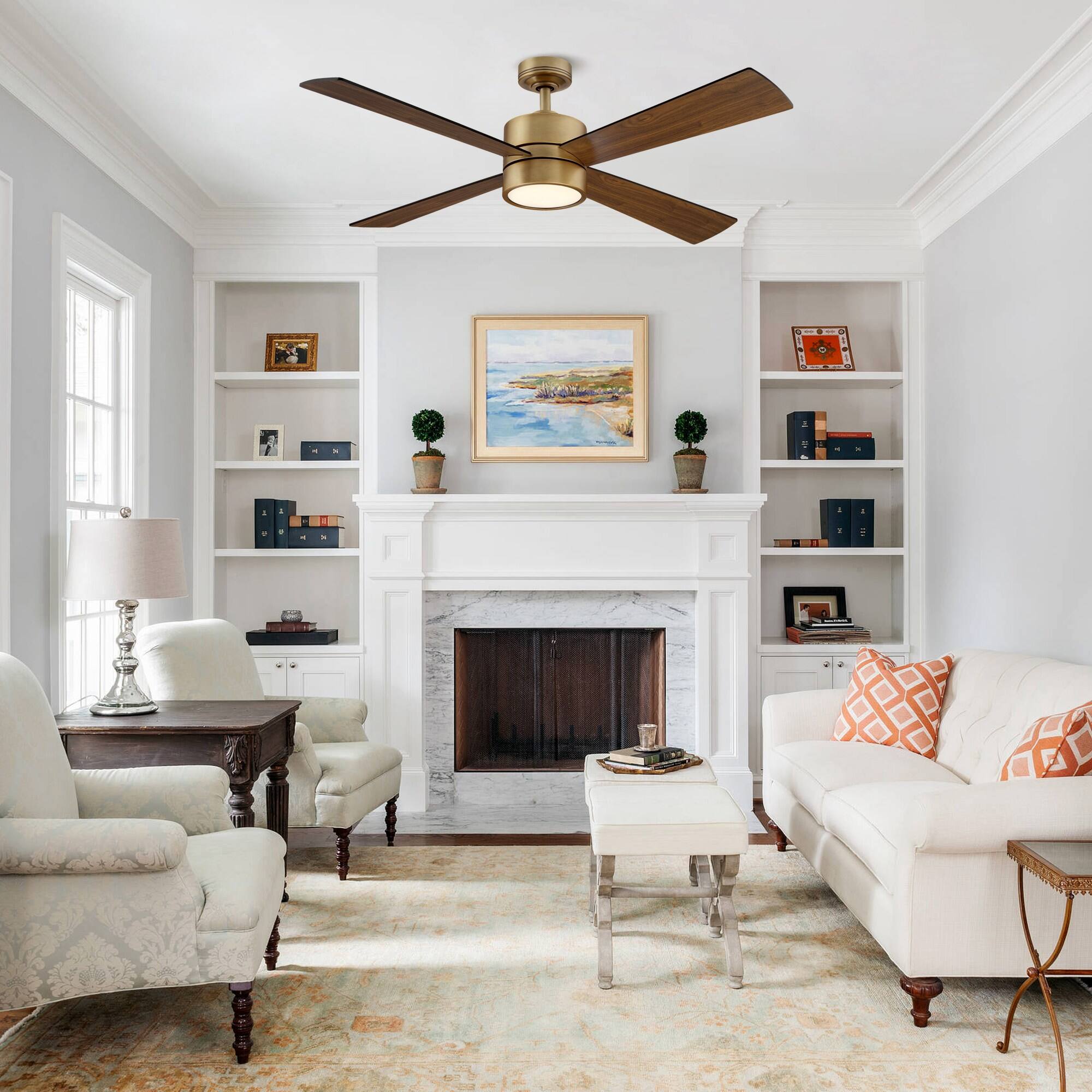 Left. Parrot Uncle - 52" Antique Brass Ceiling Fan with LED Light and Remote - Brass.