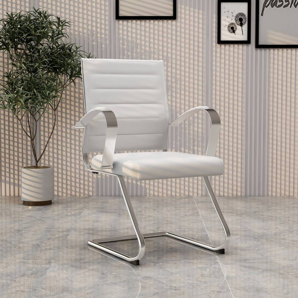 Angle. LeisureMod - Benmar Office Chair, Ribbed Leather Upholstery with Chrome Arms and Sled Base, Modern Desk Seating for Home or Office - White.