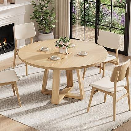 Left. GARVEE - 47" Farmhouse Round Dining Table for 4-6, Wood Cross Pedestal Base for Living Room, Dining Room,Natural Wood - Natural Wood.