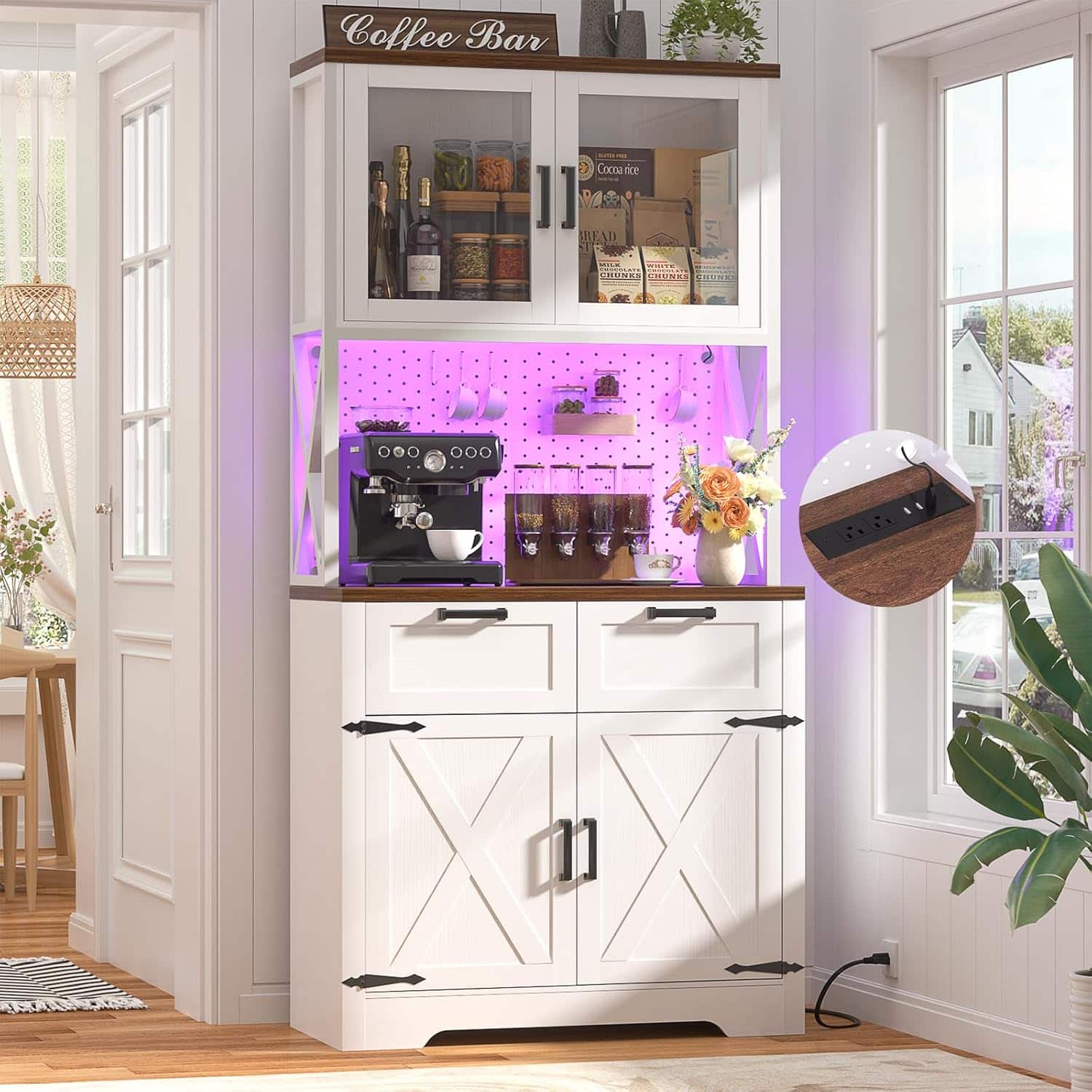 Aheaplus - 71'' Tall Pantry Cabinet with Power Outlets & LED Light, Storage Cabinet with 2 Drawers & DIY Pegboard - White & Brown