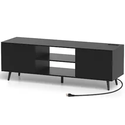 Front. SlickBlue - TV Stand with Power Outlets and Adjustable Shelf, Media Console for Living Room - Black.