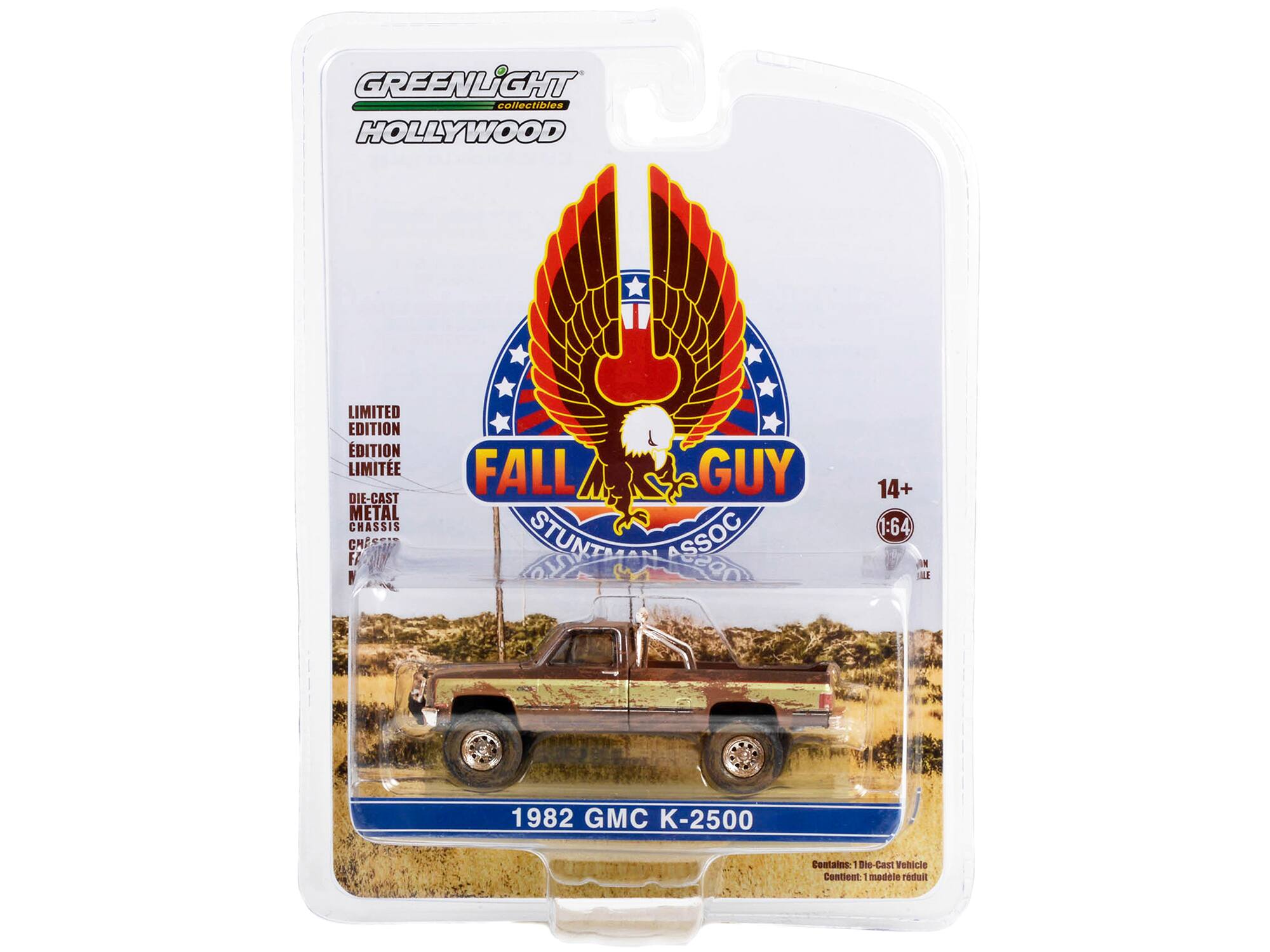 GREENLiIGHT collectibles HOLLYWOOD LIMITED EDITION  
DIE-CAST METAL CHASSIS  
FALL GUY STUNTMAN ASSOC  
14+ 1:64  
1982 GMC K-2500  
Contains: 1 Die-Cast Vehicle