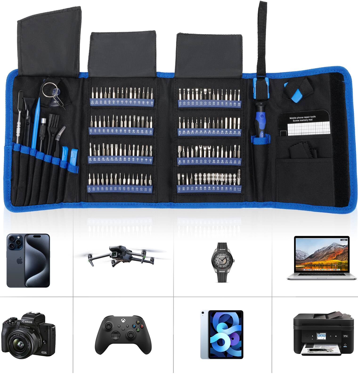 1. Electronics: A laptop, a cell phone, a camera, and a drone.
2. Tools: A toolbox with various tools, including a wrench, a screwdriver, and a pair of pliers.
3. Watch: A watch is also included in the image.
4. Remotes: A remote control is present in the image.
5. Clock: A clock is also shown in the image.
