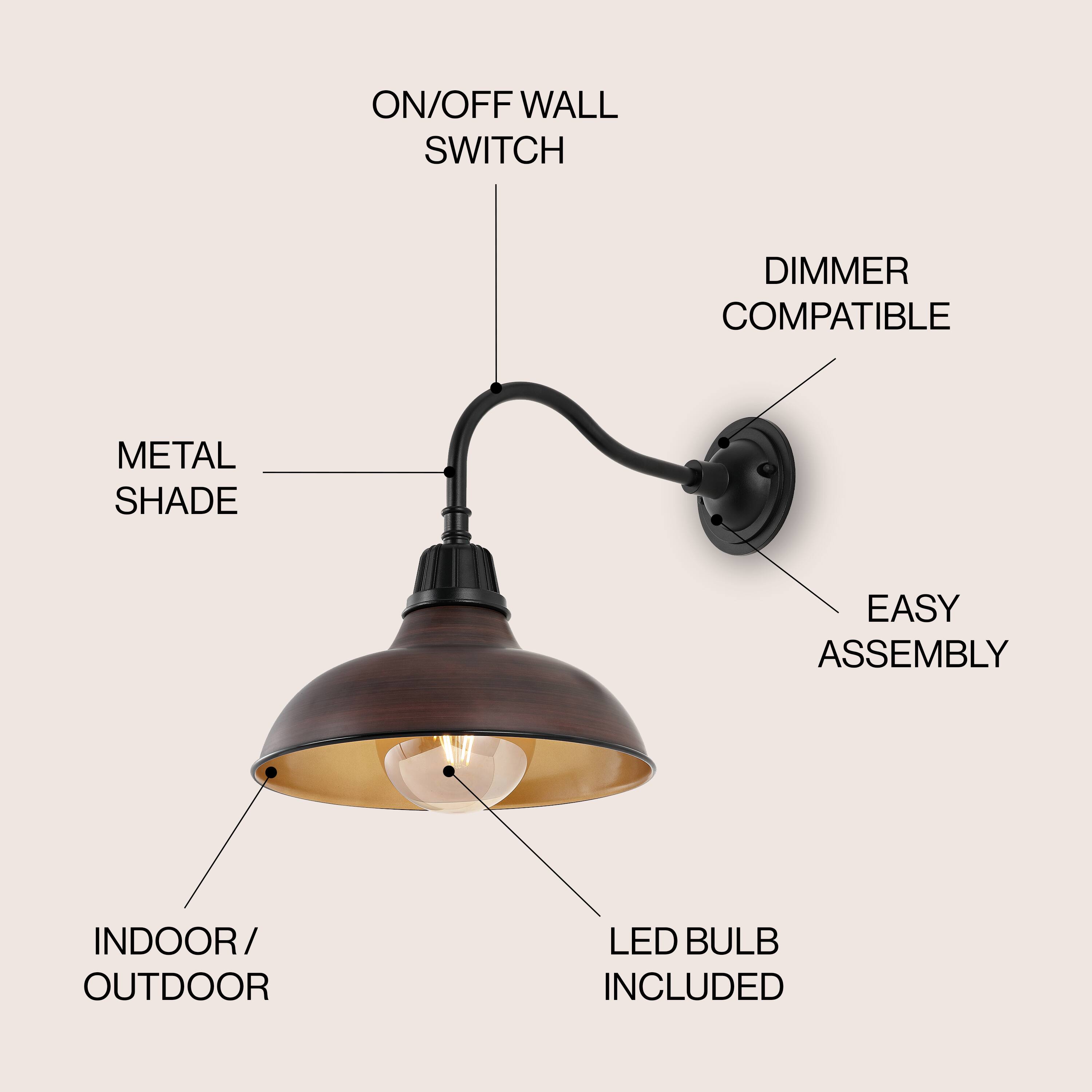 ON/OFF WALL SWITCH DIMMER COMPATIBLE METAL SHADE EASY ASSEMBLY INDOOR/ OUTDOOR LED BULB INCLUDED