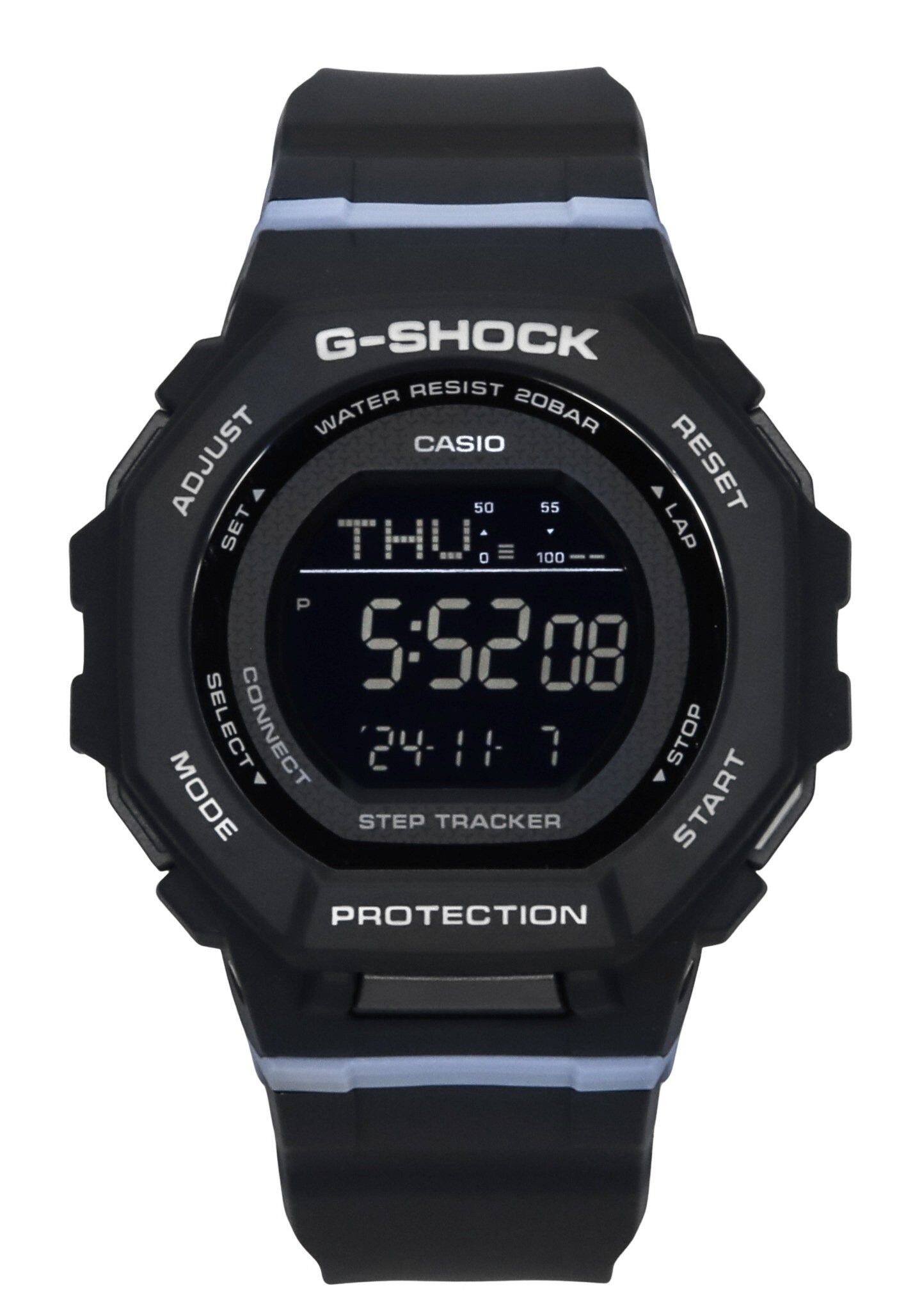 G-SHOCK RESIST WATER 20BAR CASIO
ADJUST 50 55 RESET SET THU
LAP O 100 P 5:5208
SELECT CONNECT 24-11 7
STOP MODE STEP TRACKER START
PROTECTION