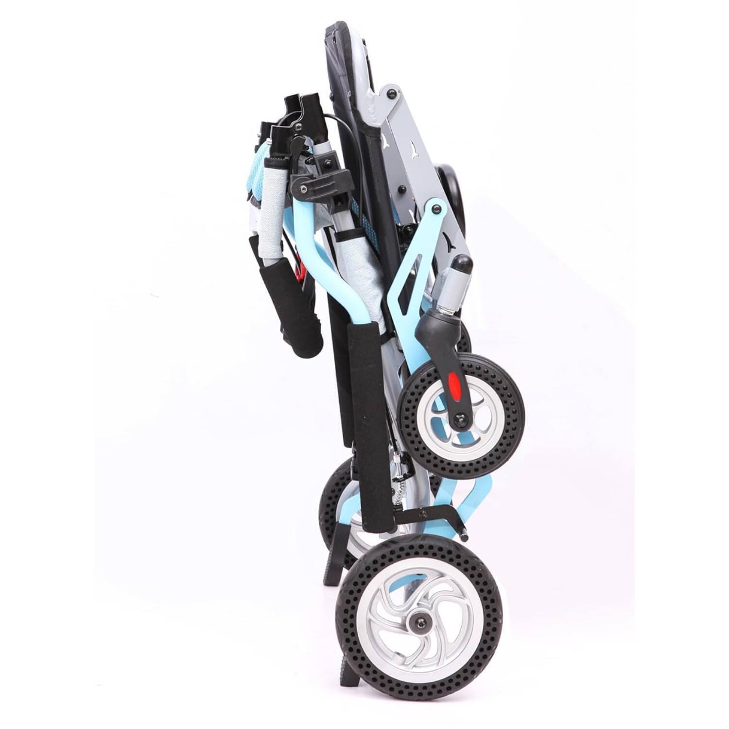 Angle. Acekool - Ultra Lightweight Portable Folding Transport Wheelchair with Locking Handbrake - Grey+Blue.