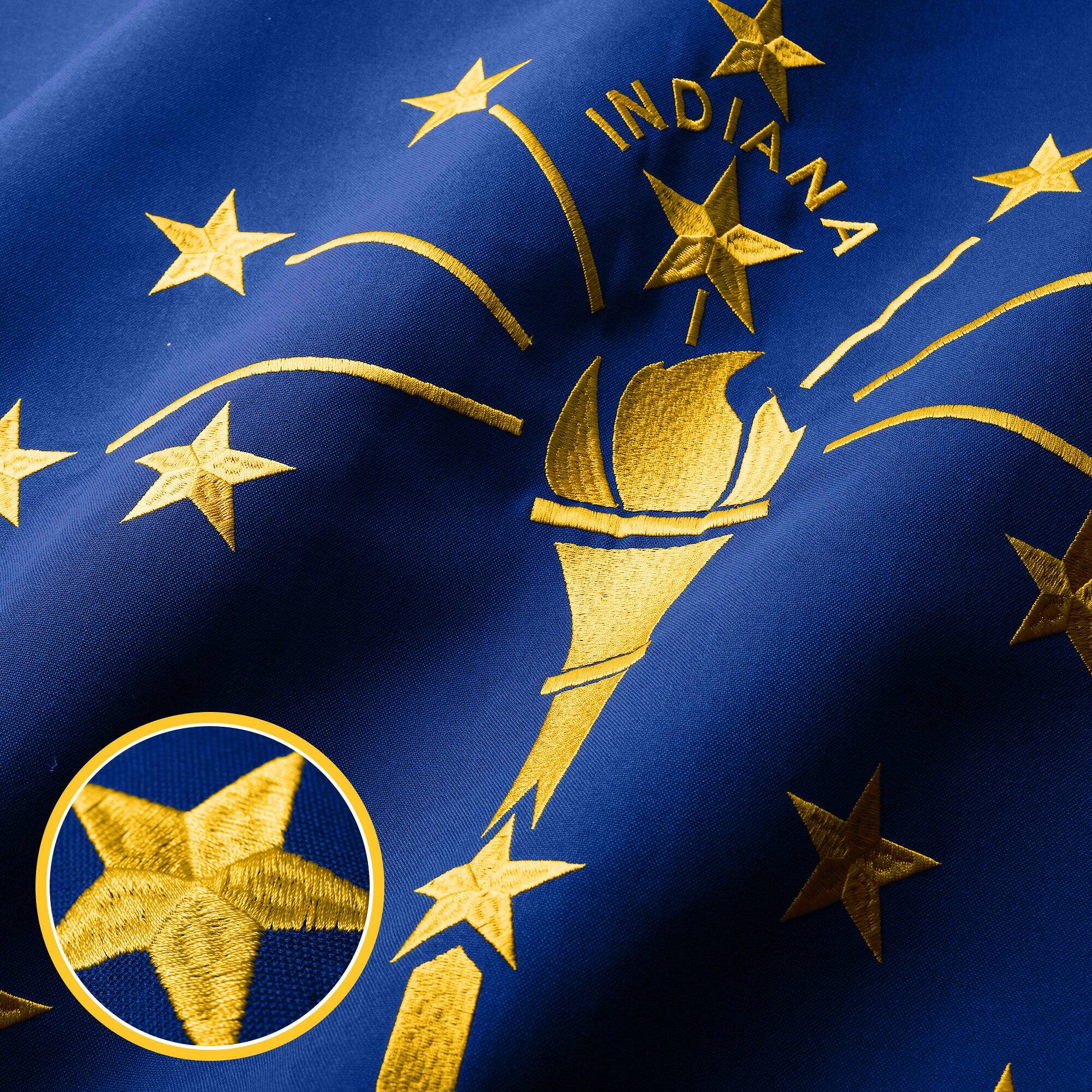 Angle. G128 - Indiana State Flag 2x3 ft Embroidered 220 GSM Spun Polyester with Brass Grommets. - Assorted Colors.