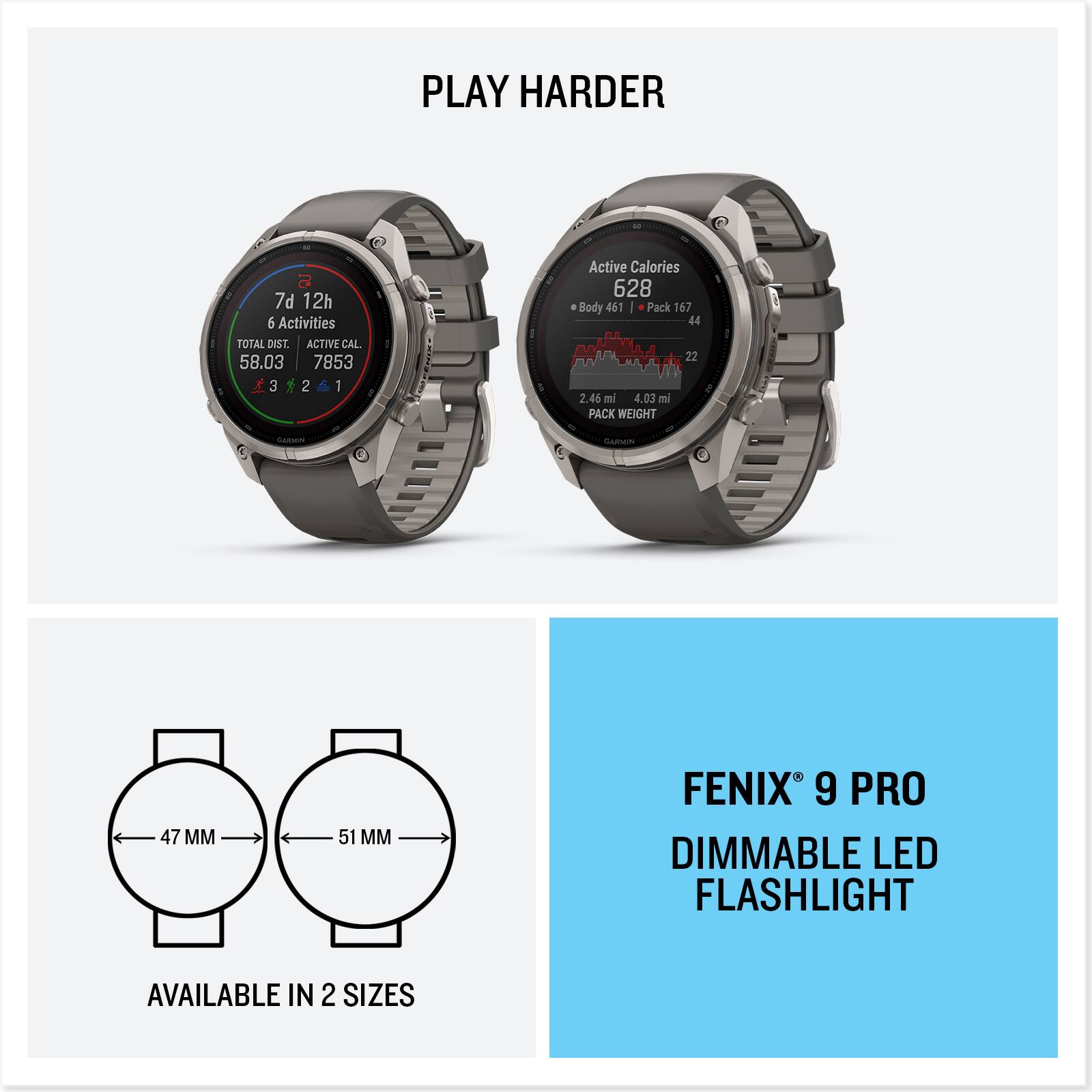 PLAY HARDER

QU 7d 12h 6 Activities TOTAL DIST. ACTIVE CAL 58.03 7853 3 2 1
Active Calories 628 0 Body 461 I Pack 167 44   . 22 u 2.46 mi 4.03 mi PACK WEIGHT

GARMIN
GARMIN
47 MM
51 MM
FENIX 9 PRO DIMMABLE LED FLASHLIGHT
AVAILABLE IN 2 SIZES