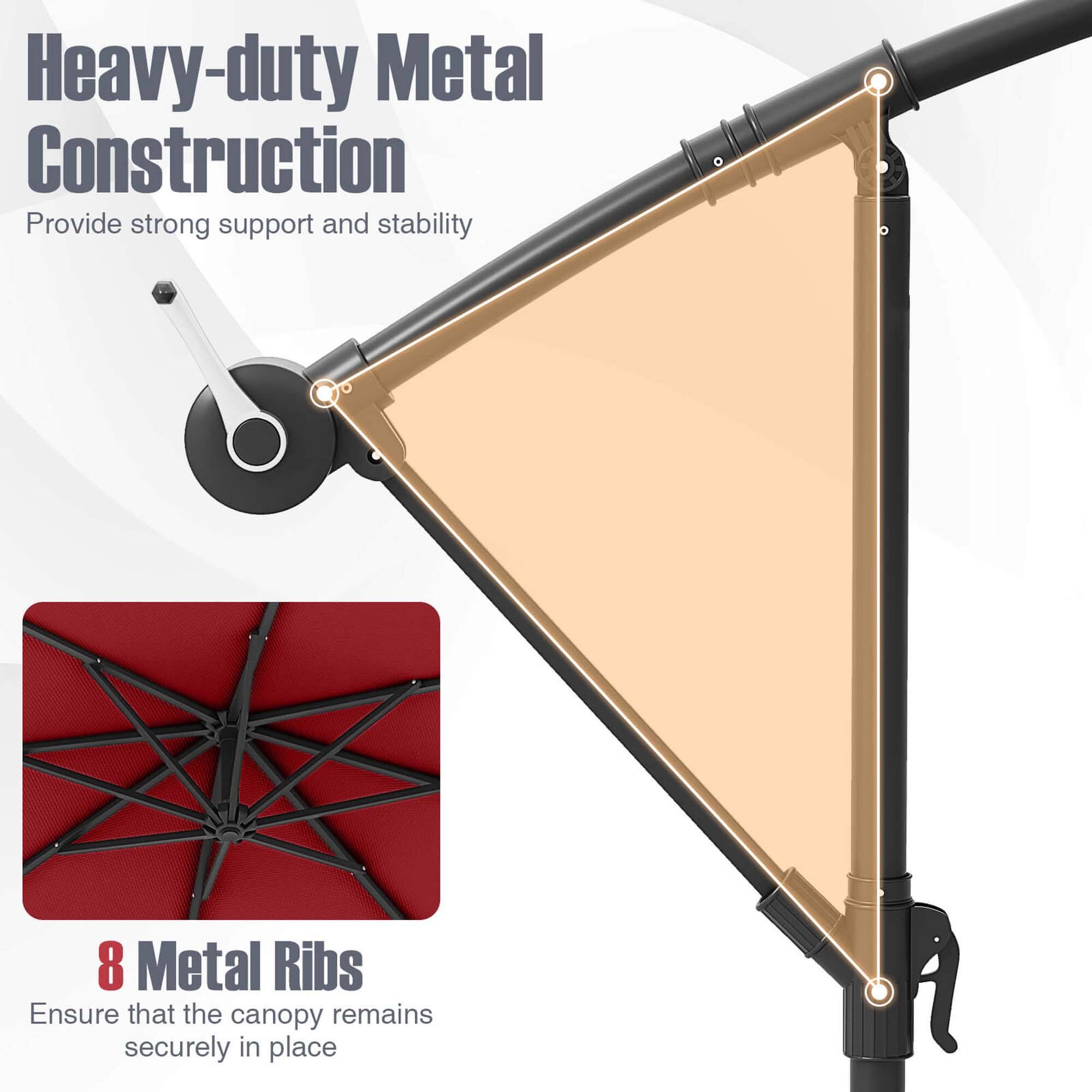 Heavy-duty Metal Construction: Provide strong support and stability. 8 Metal Ribs: Ensure that the canopy remains securely in place.