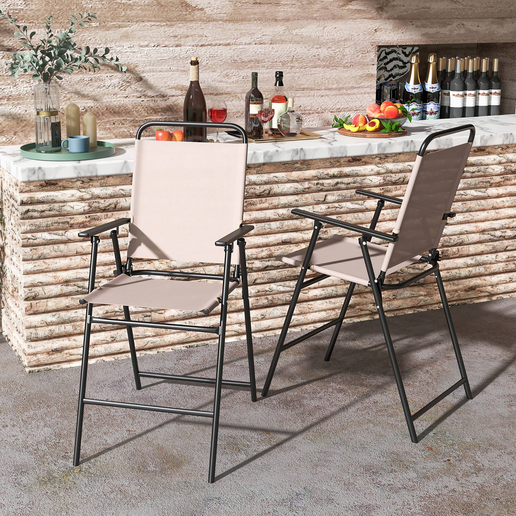Alt View 1. Gymax - Gymax Outdoor Folding Bar Chair Set of 2 Patio Dining Chairs w/ Breathable Fabric - Beige.