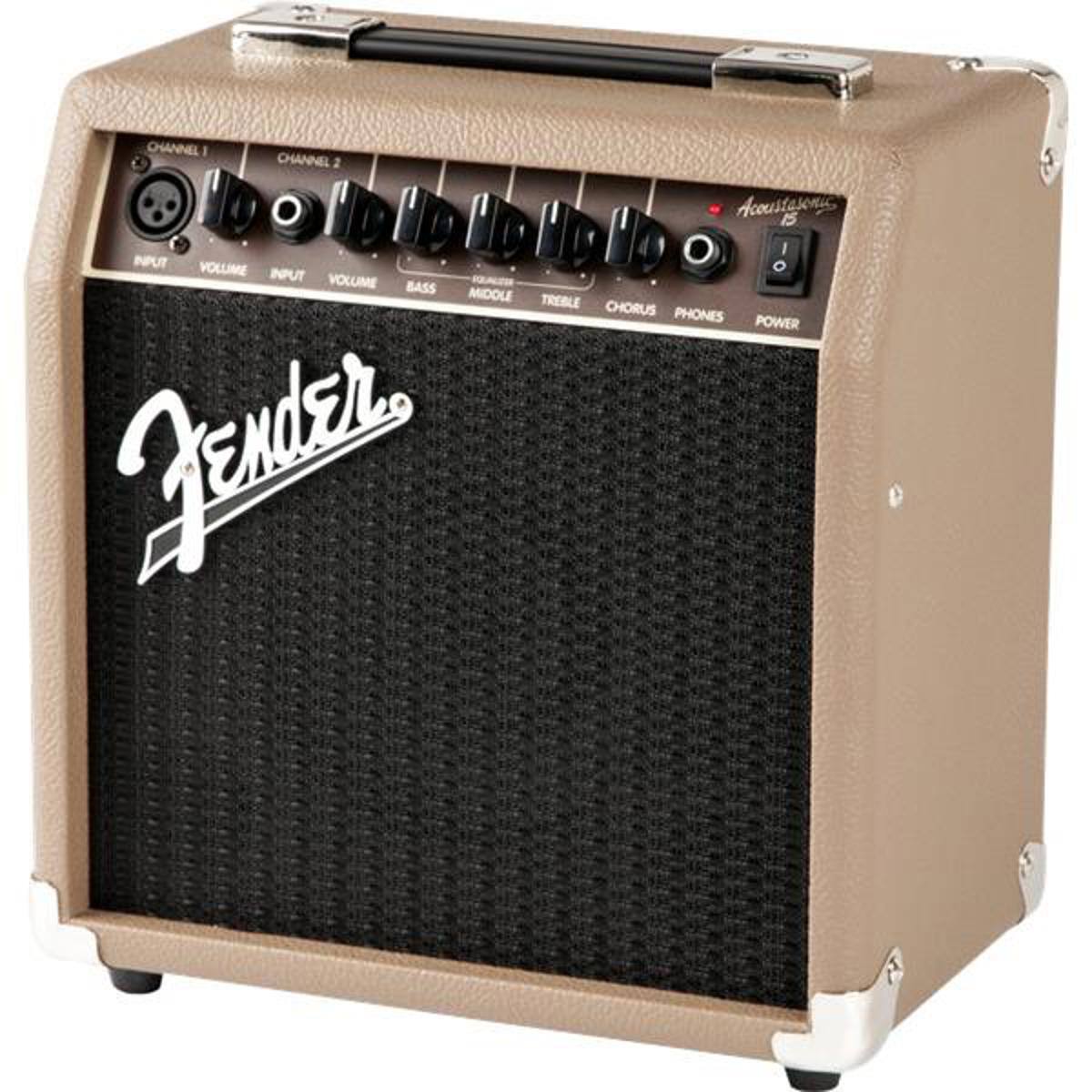 CHANNEL 1  
CHANNEL 2  
INPUT VOLUME  
INPUT VOLUME  
BASS  
MIDDLE  
TREBLE  
CHORUS  
PHONES  
POWER  

Acoustasonic 15  

Fender