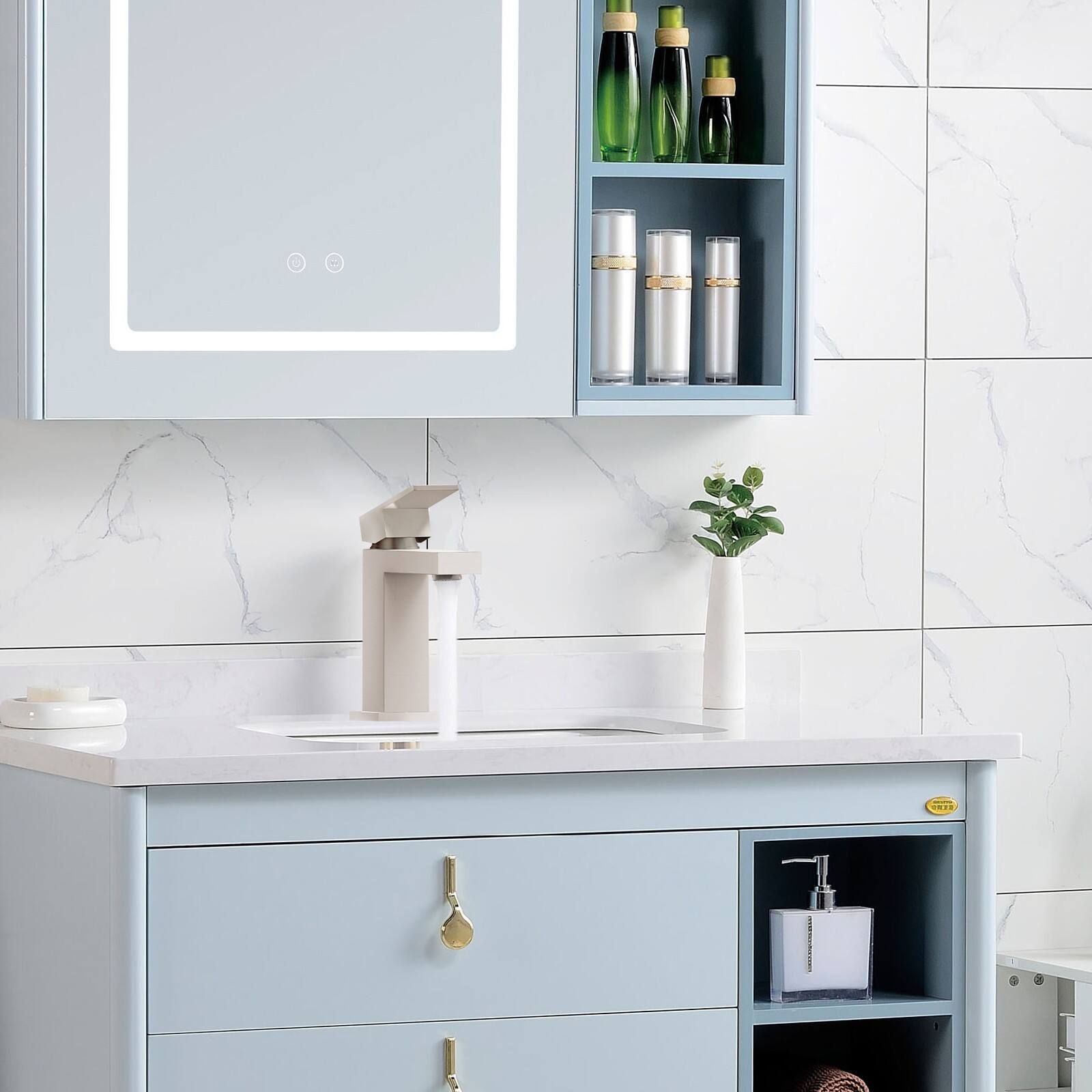 Alt View 1. Glintex - Single Handle Single Hole Bathroom Faucet, Solid Brass with Pop-up Drain & Water Supply Hoses - Brushed Nickel.