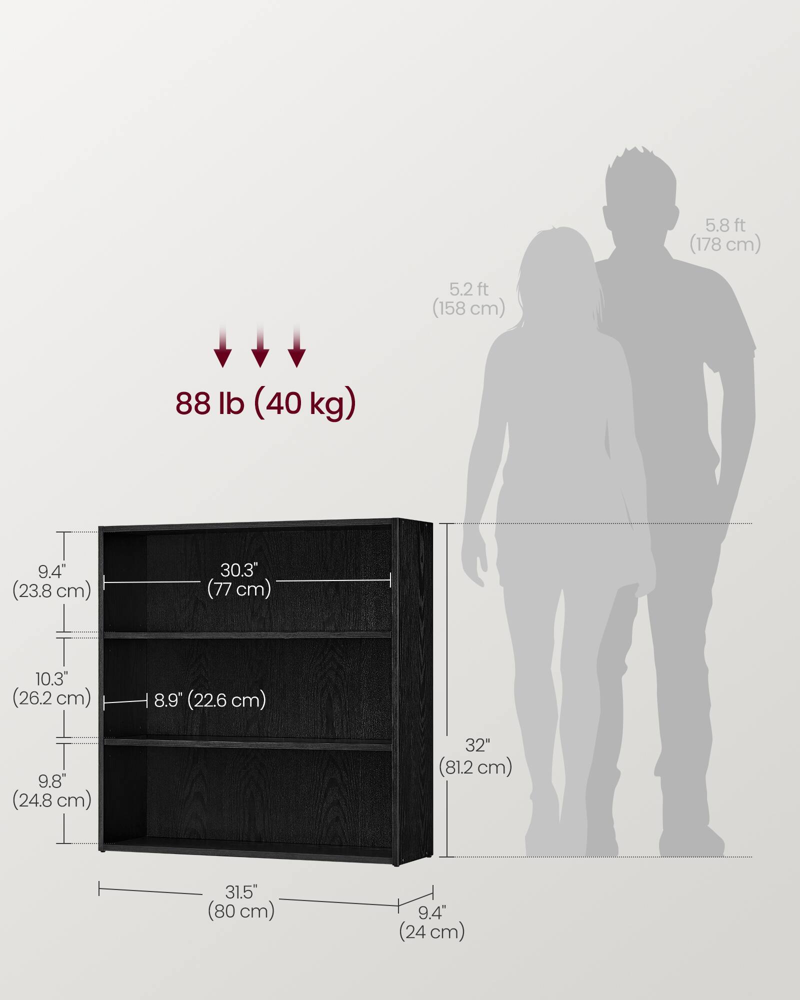 5.8 ft (178 cm)  
5.2 ft (158 cm)  
88 lb (40 kg)  
9.4" (23.8 cm)  
30.3" (77 cm)  
10.3" (26.2 cm)  
8.9" (22.6 cm)  
9.8" (24.8 cm)  
32" (81.2 cm)  
31.5" (80 cm)  
9.4" (24 cm)