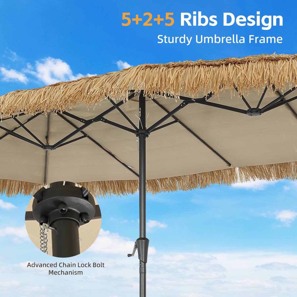 5+2+5 Ribs Design  
Sturdy Umbrella Frame  
Advanced Chain Lock Bolt Mechanism