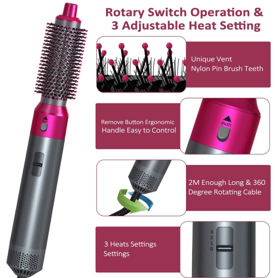 Rotary Switch Operation & 3 Adjustable Heat Setting  
Unique Vent Nylon Pin Brush Teeth  
Remove Button Ergonomic Handle Easy to Control  
2M Enough Long & 360 Degree Rotating Cable  
3 Heats Settings