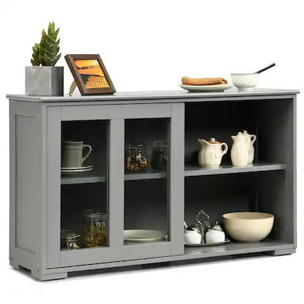 Front. Costway - Kitchen Storage Cabinet Sideboard Buffet Cupboard w/ Sliding Door - Gray.