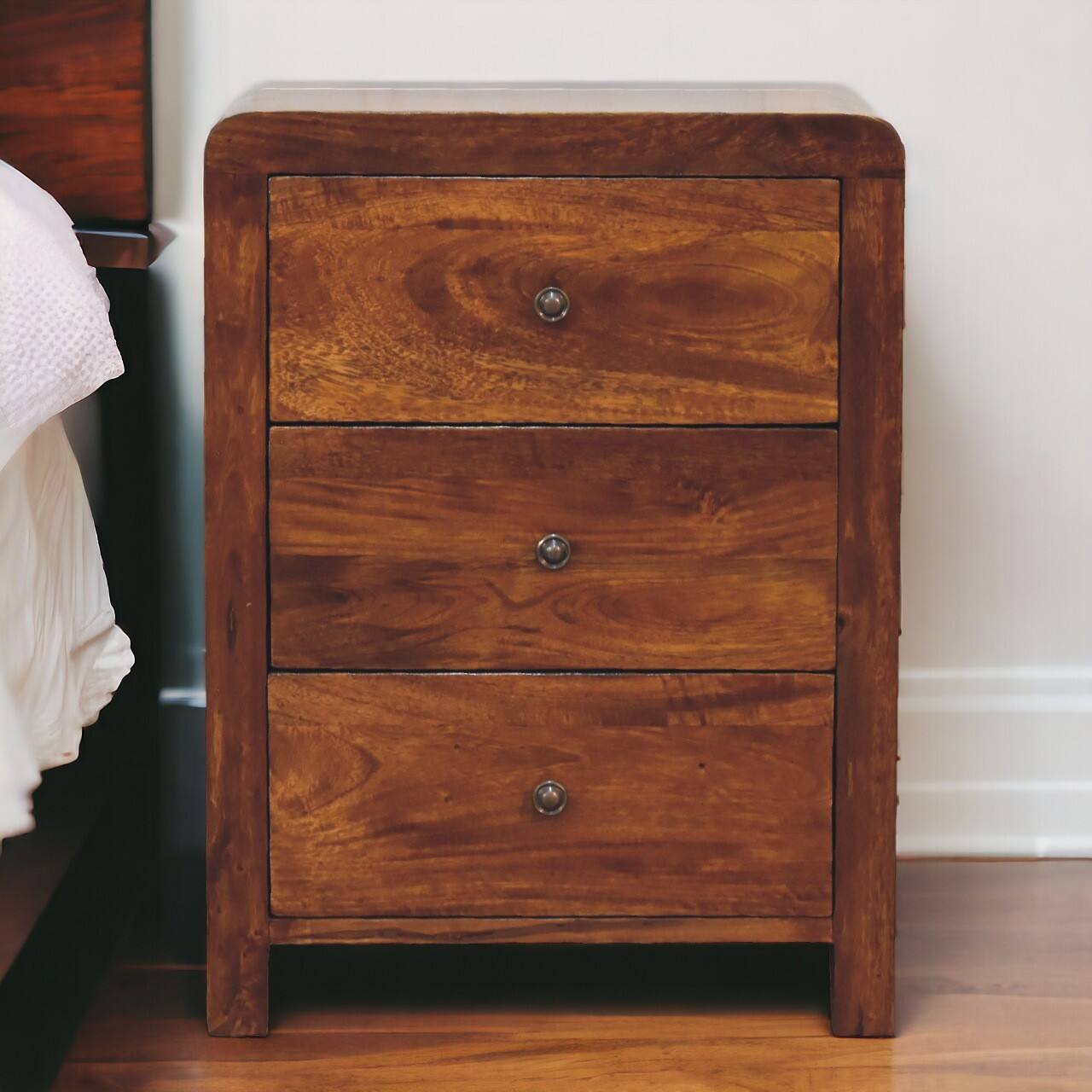 Angle. Artisan Furniture - Artisan Furniture Solid Wood Naya Nightstand, 3 Drawers, Dark Brown - Chestnut.