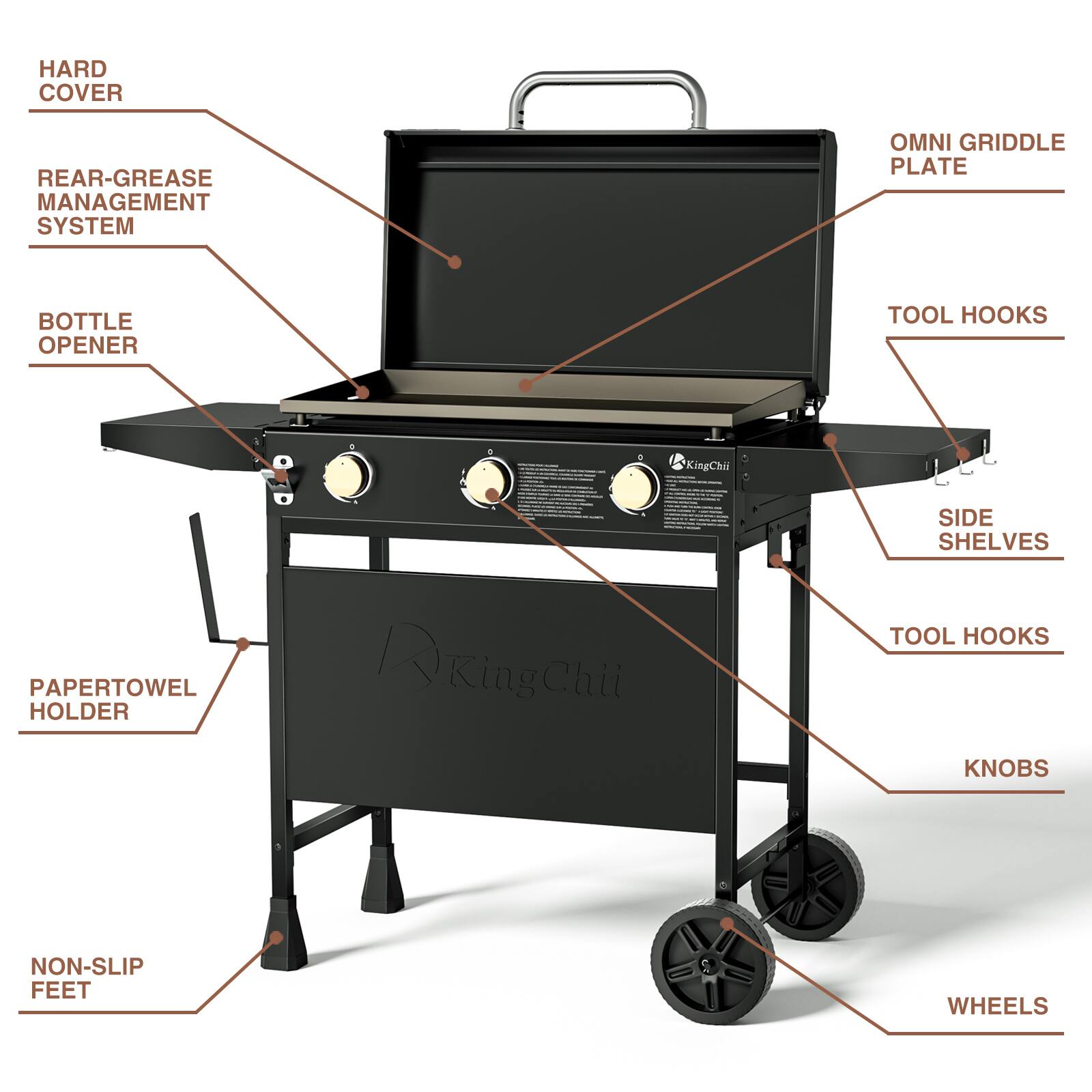 HARD COVER  
REAR-GREASE MANAGEMENT SYSTEM  
OMNI GRIDDLE PLATE  
BOTTLE OPENER  
TOOL HOOKS  
SIDE SHELVES  
PAPERTOWEL HOLDER  
TOOL HOOKS  
KNOBS  
NON-SLIP FEET  
WHEELS