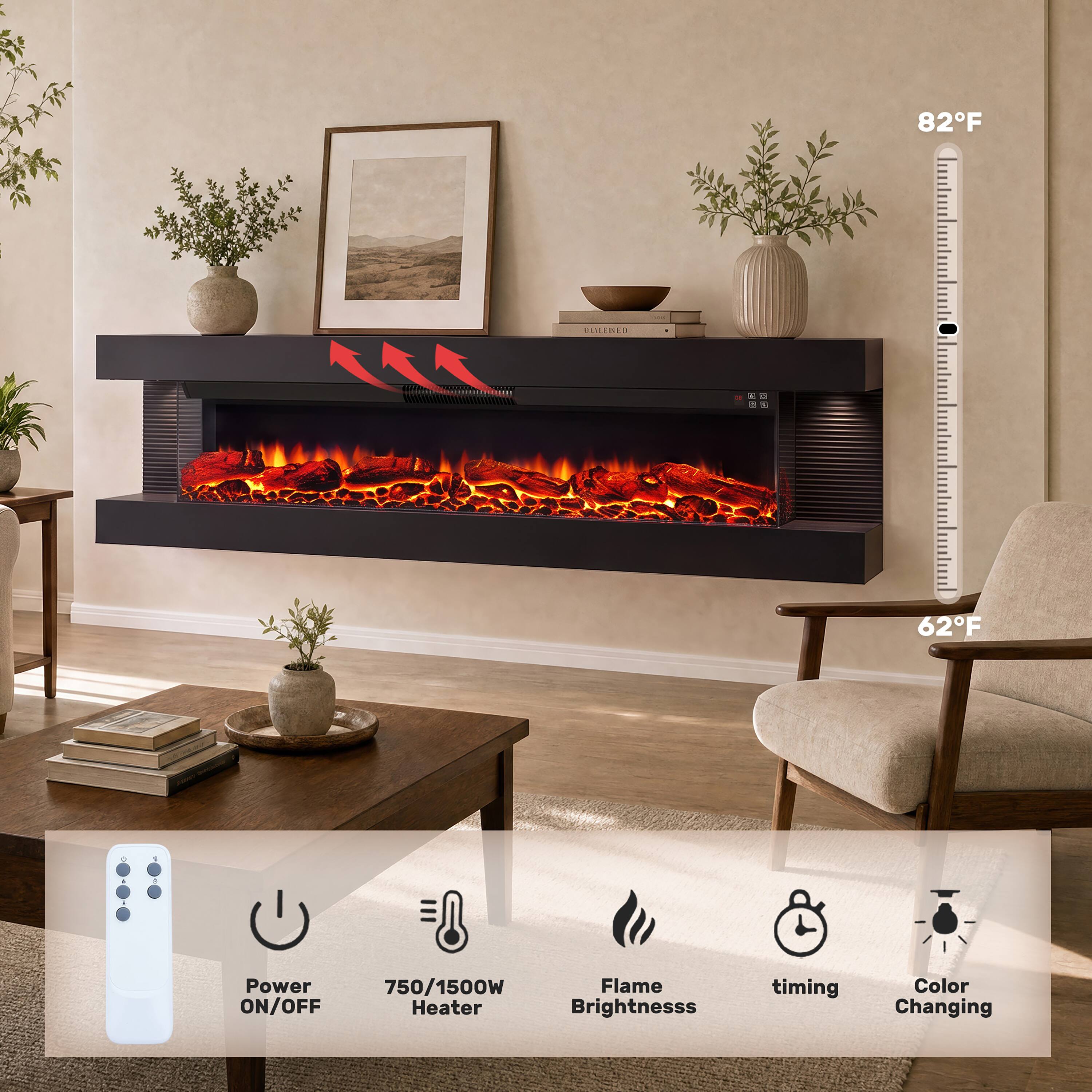 82°F  
BLILENED III  
- 000 32  
62°F  
4  
Power ON/OFF  
750/1500W Flame Heater Brightness  
timing  
Color Changing