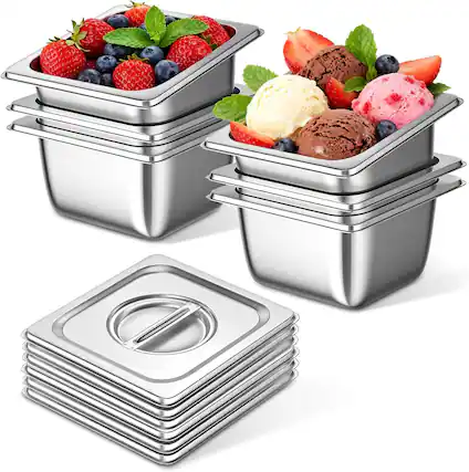 Front. OSTBA - 6 Pack Full Size Hotel Pans with Lids 1/6 Size 6" Deep,Stainless Steel Steam Table Buffet Pans , 6.9" L x 6.4" W.