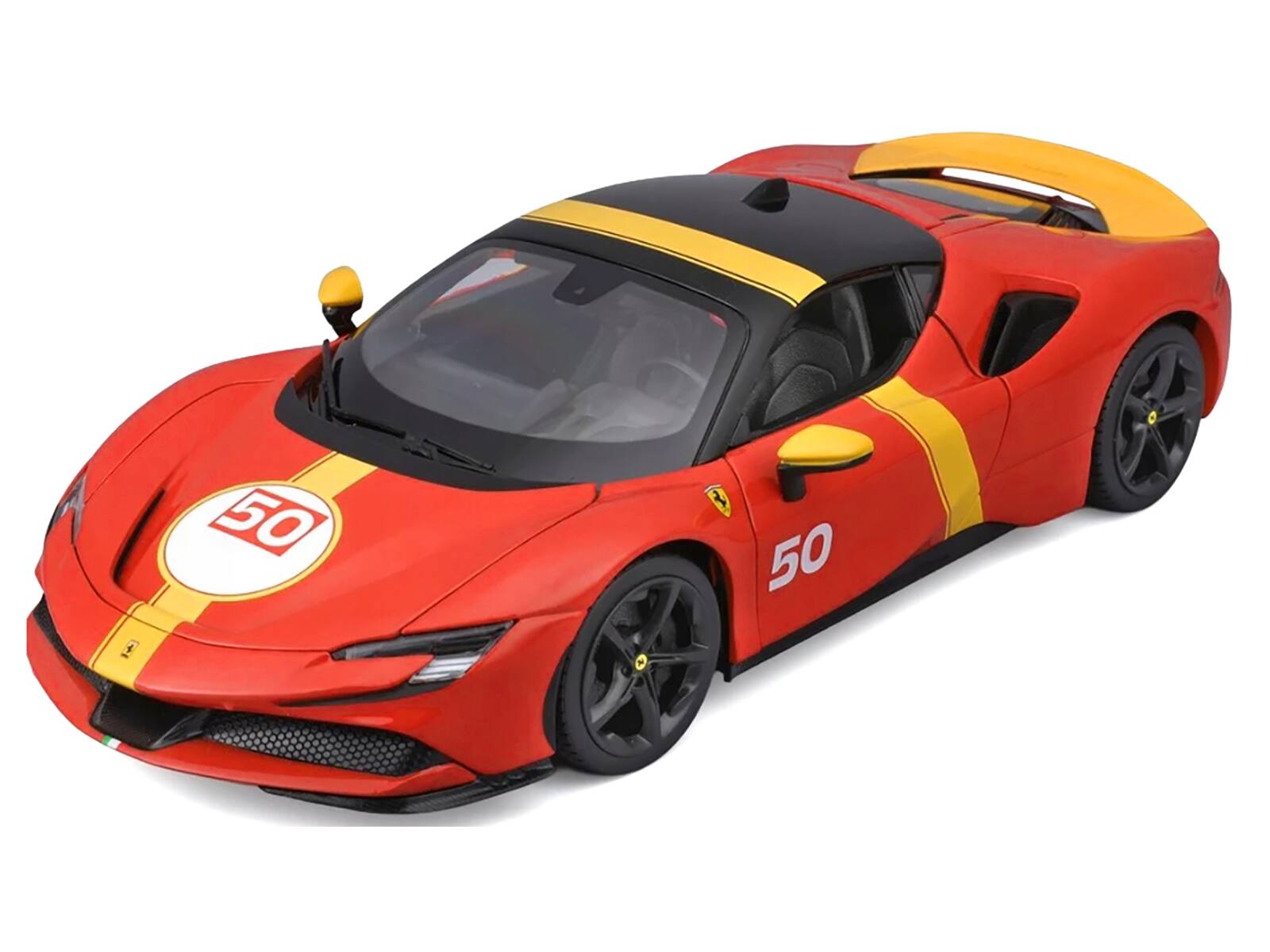 Alt View 5. Bburago - Ferrari SF90 Stradale Assetto Fiorano #50 Red with Black Top and Yellow "Race + Play" Series 1/18 Model Car by Bburago.