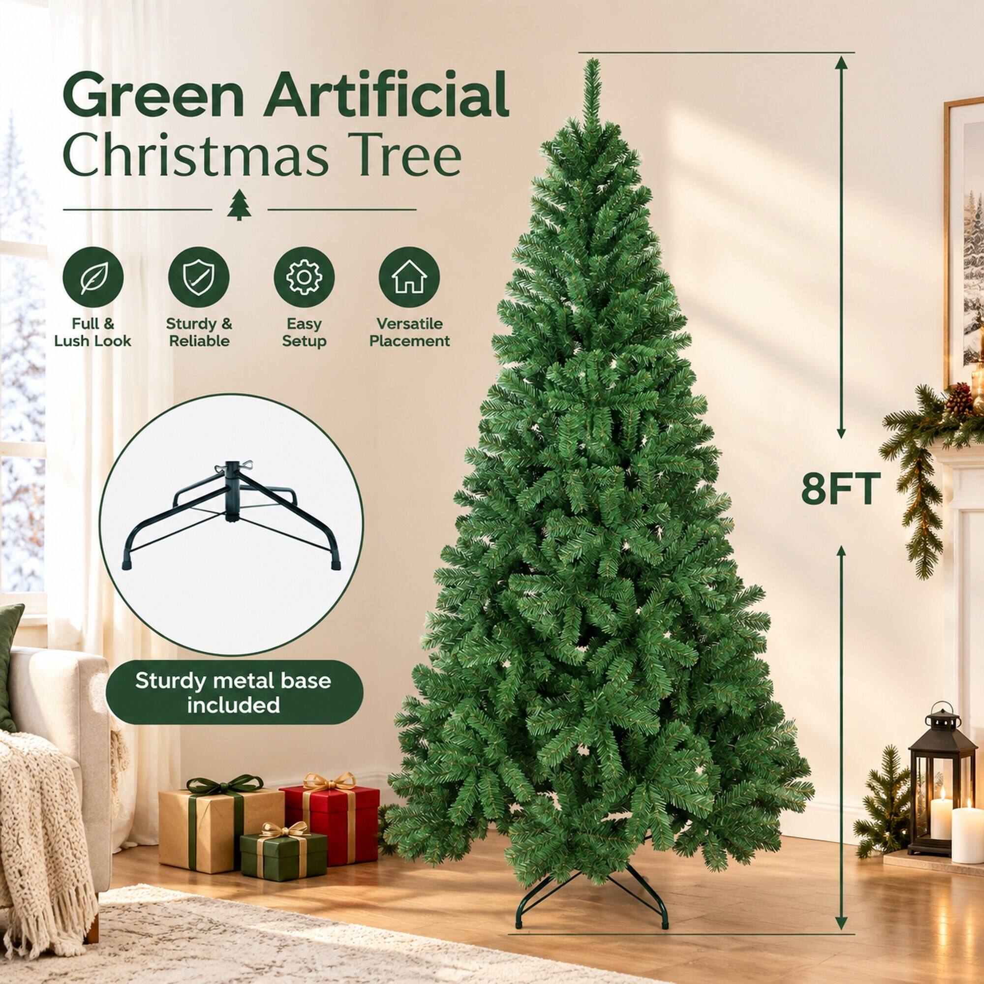 Green Artificial Christmas Tree

Full & Lush Look
Sturdy & Reliable
Easy Setup
Versatile Placement

8FT

Sturdy metal base included