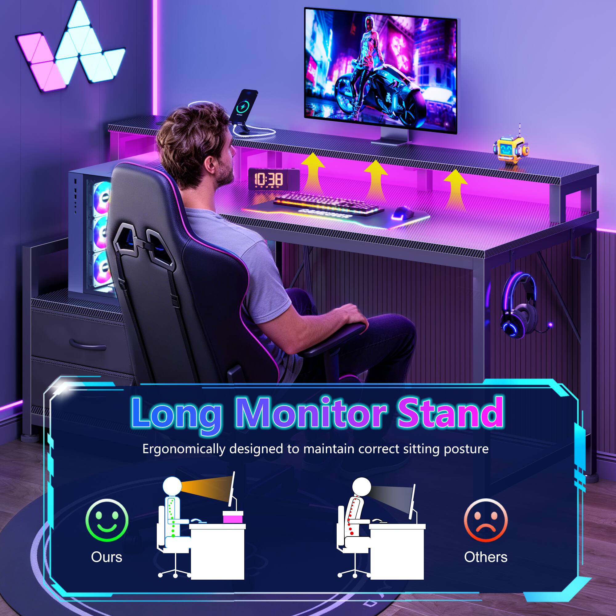 2 1038 Long Monitor Stand Ergonomically designed to maintain correct sitting posture

Ours Others