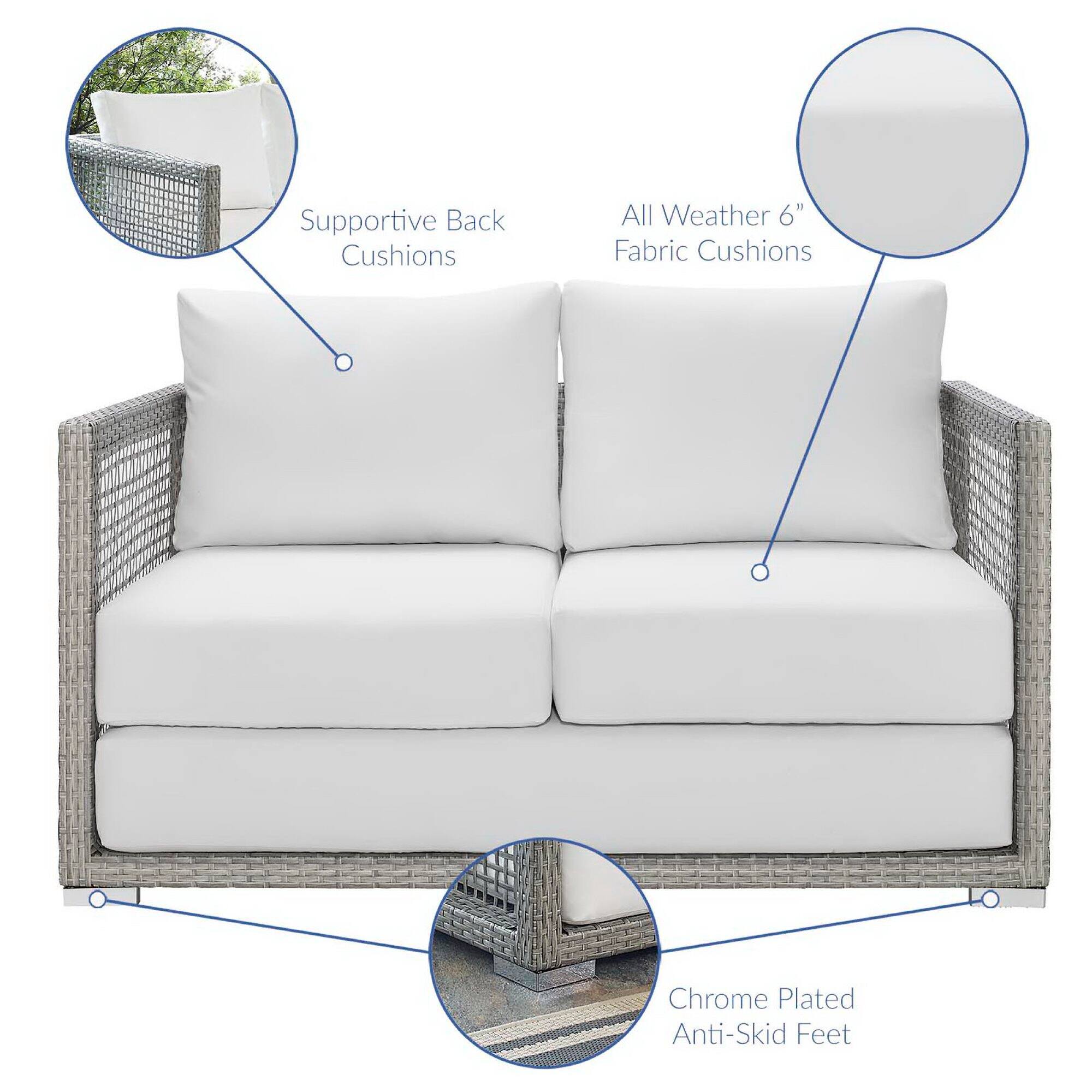 Supportive Back Cushions  
All Weather 6" Fabric Cushions  
Chrome Plated Anti-Skid Feet
