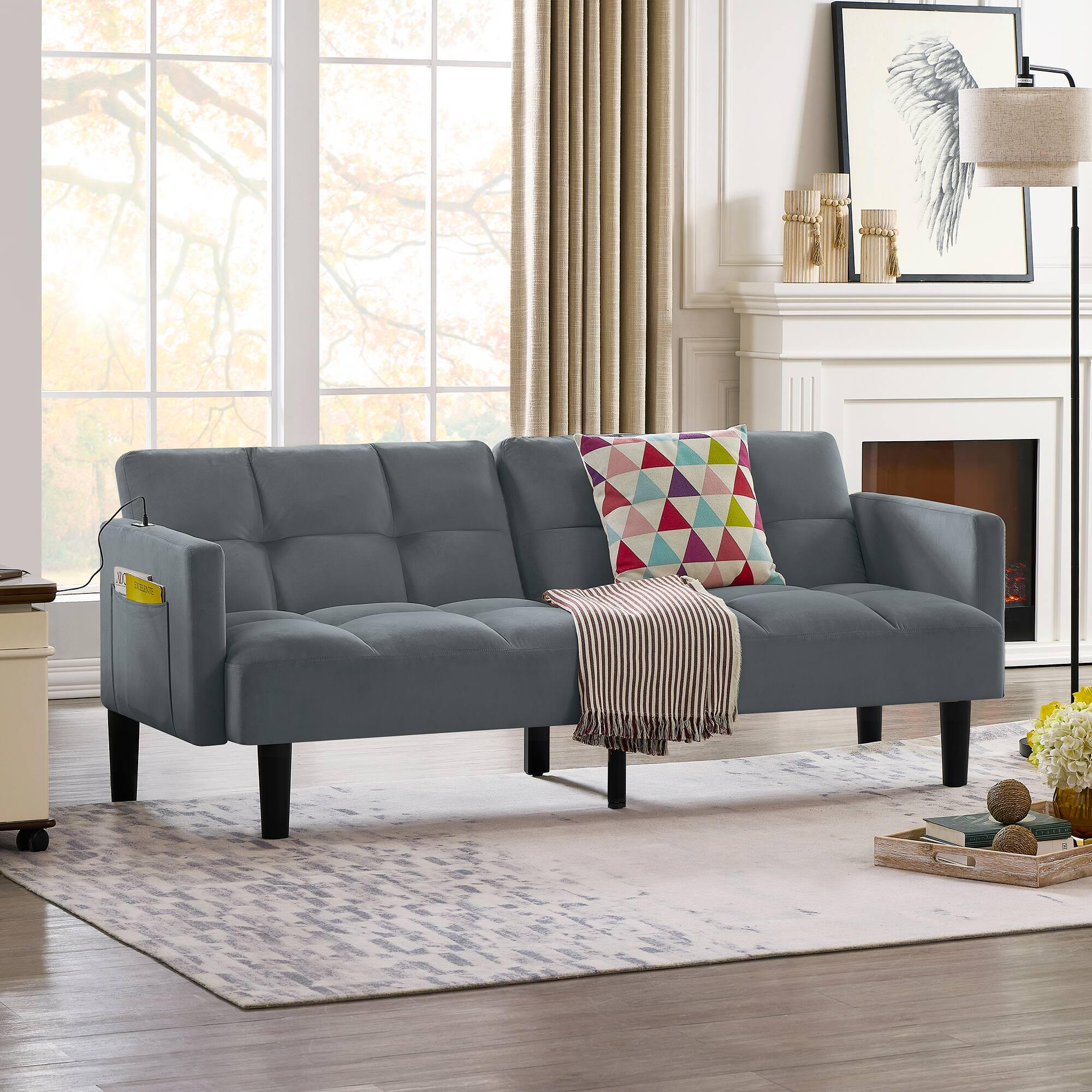 Front. TinyHomie - Velvet Futon Couch Convertible Folding Sofa Bed Tufted Couch for Apartment - Grey.
