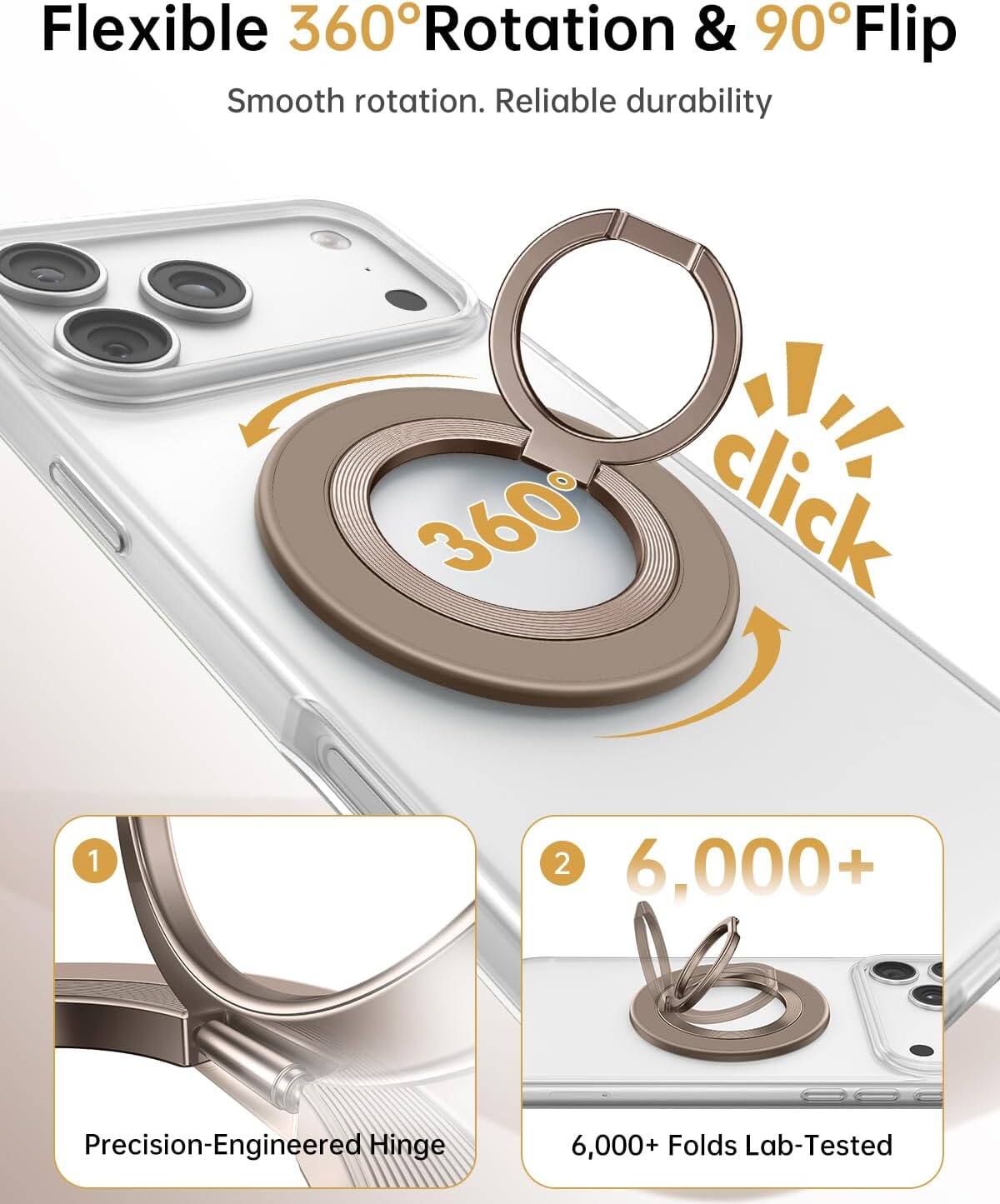 Flexible 360° Rotation & 90° Flip  
Smooth rotation. Reliable durability  

360° click  

1. Precision-Engineered Hinge  
2. 6,000+ Folds Lab-Tested