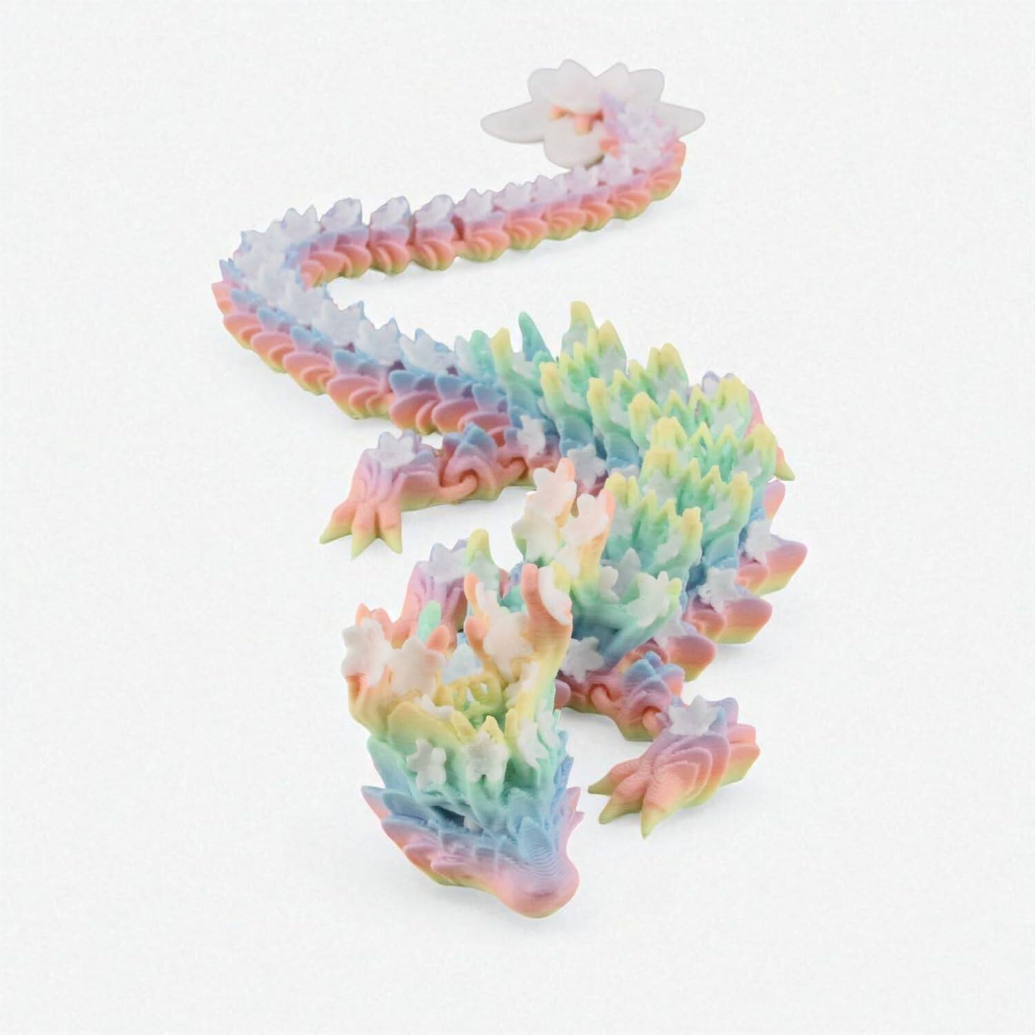 Front. JuzToys - 13" Articulated 3D Printed Dragon, Rainbow Blossom Dragon Flexible Body Desk Fidget Toy Fantasy Creature by PowerTRC - Multicolored.