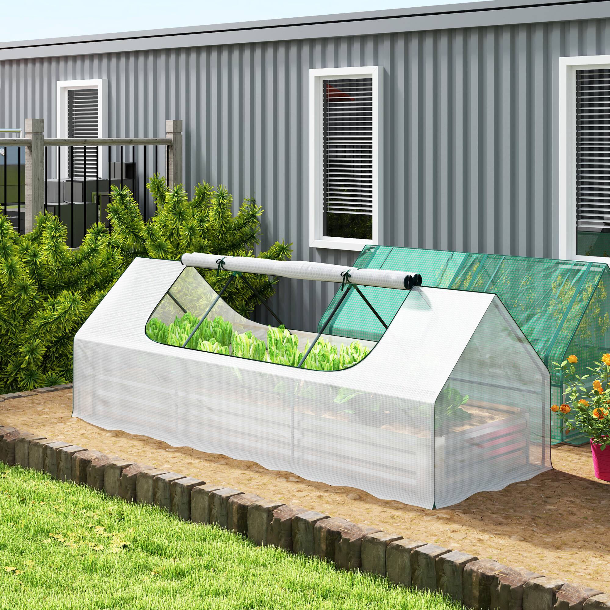 Alt View 1. Outsunny - 8.6 x 3 x 1ft Raised Garden Bed with Mini Greenhouse, Galvanized Raised Garden Bed with Cover for Herbs and Vegetables - White.