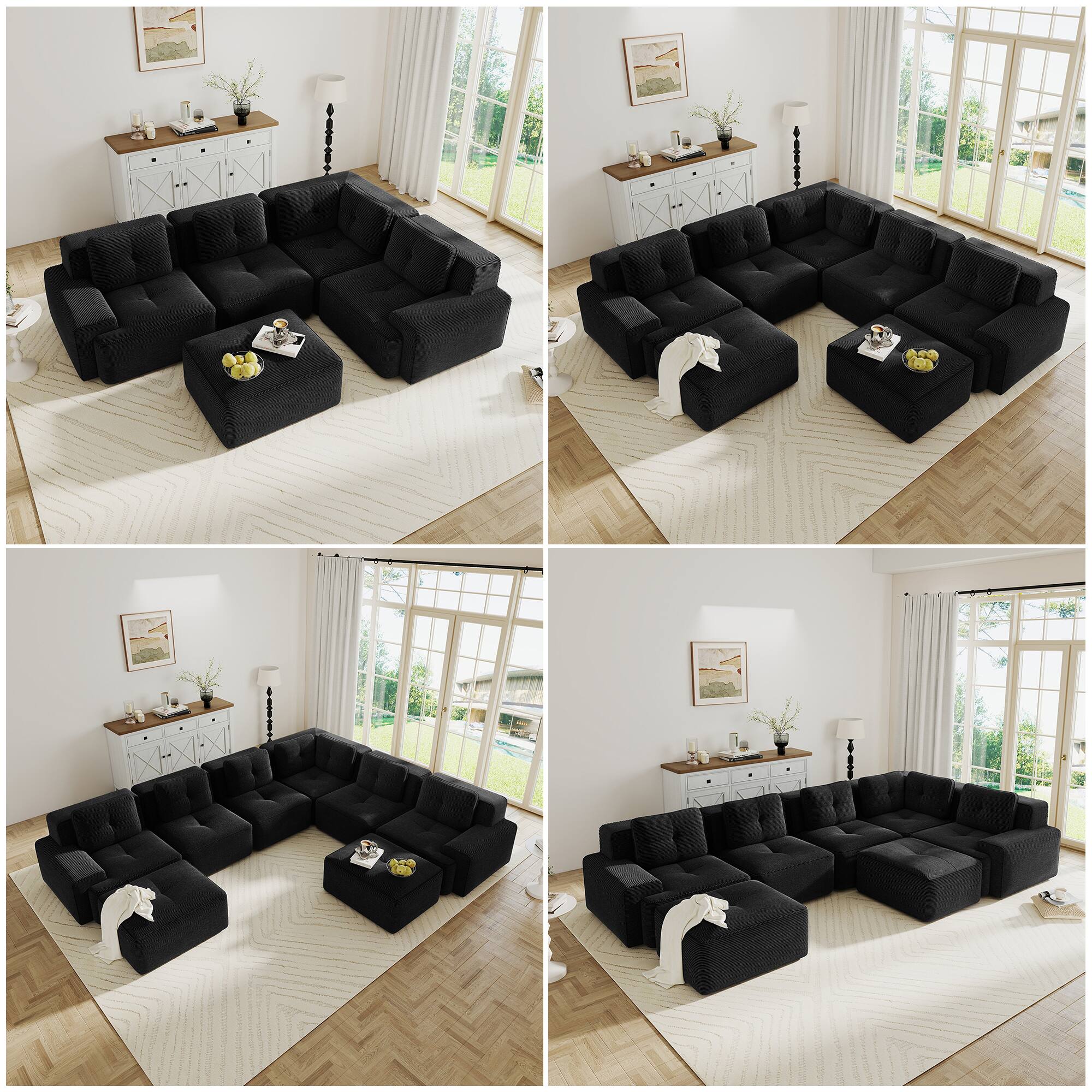 Alt View 7. Anysun - 117" Corduroy Modular Sectional Sofa - Oversized 3-Seat Deep-Seat Couch, Pearl Piping, Tufted, Buckle Connection - Black.