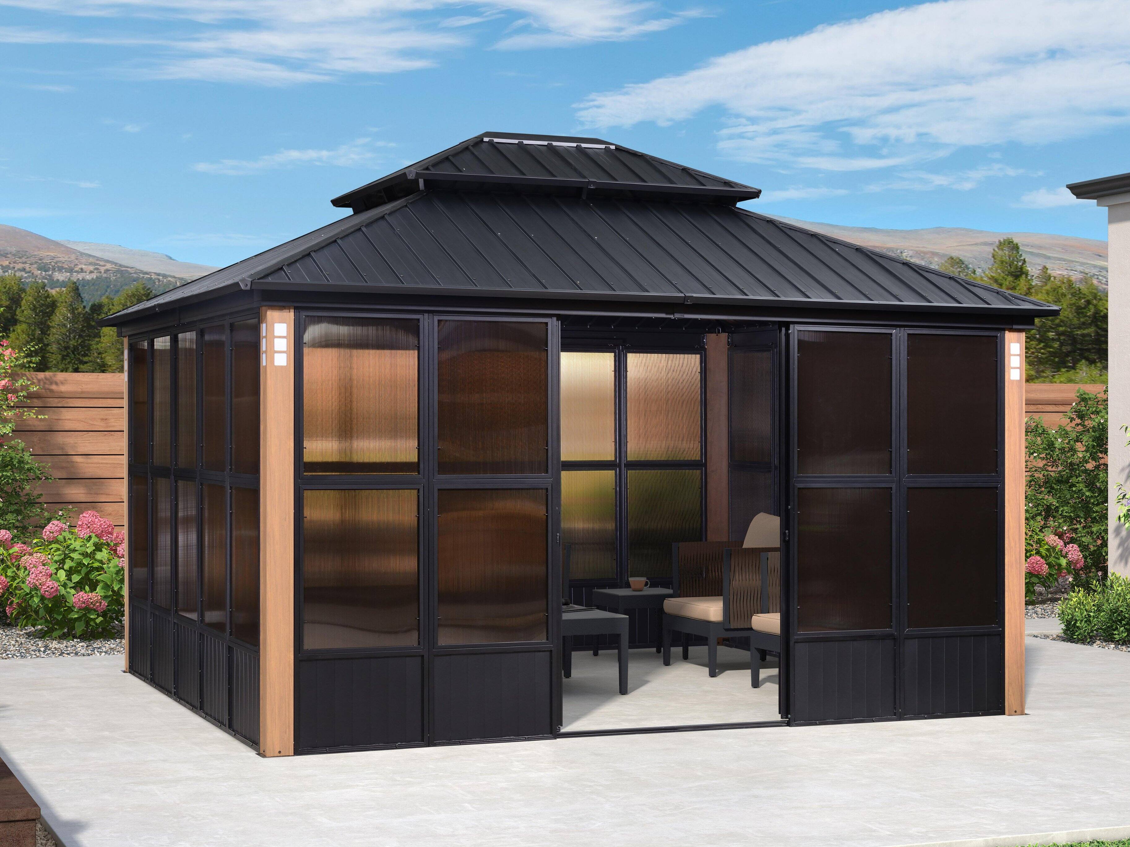 PURPLE LEAF - Sunroom Hardtop Gazebo Solarium Wood Grain Galvanized Steel Double Roof All-Weather Aluminum Outdoor Screen House - 12' X 14' price history on PriceWatchPro