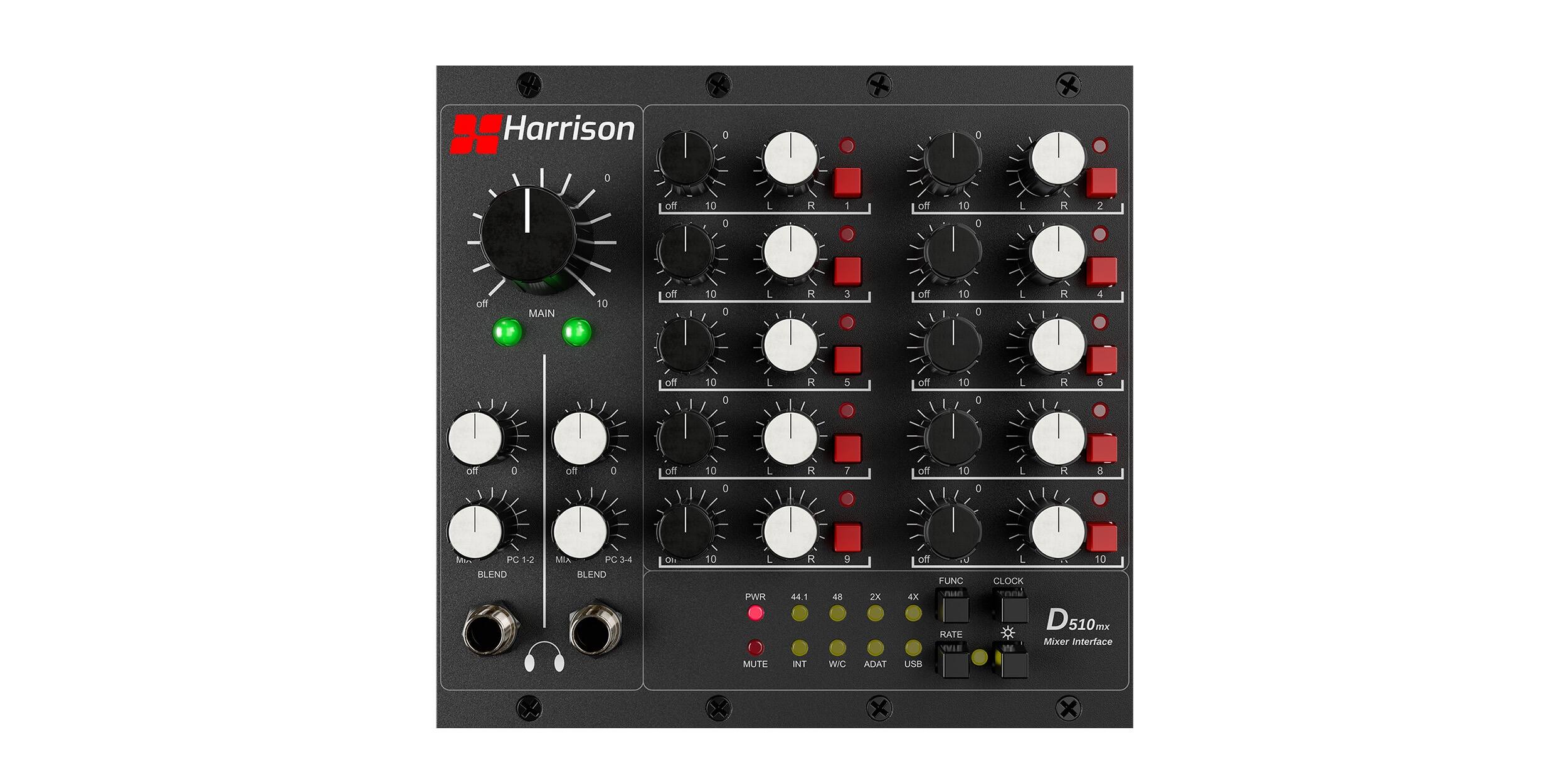 Harrison D510mx Mixer Interface

- MAIN
- L R
- 1 off 10
- 2 off MAIN 10 off I 10
- 3 off I 10 : L R
- 4 off 10 O L R
- 5 off I Or C . R
- 6 off 0 off a off 10
- 7 off 10 a L R
- 8 PC 1-2 BLEND MA C3 3-4 BLEND Ol
- 10 L PWK R
- 445 9 45
- 2X of SU FUNC 4X RATE
- 10 CLOCK
- D510mx
- MUTE INT WC ADAT USB