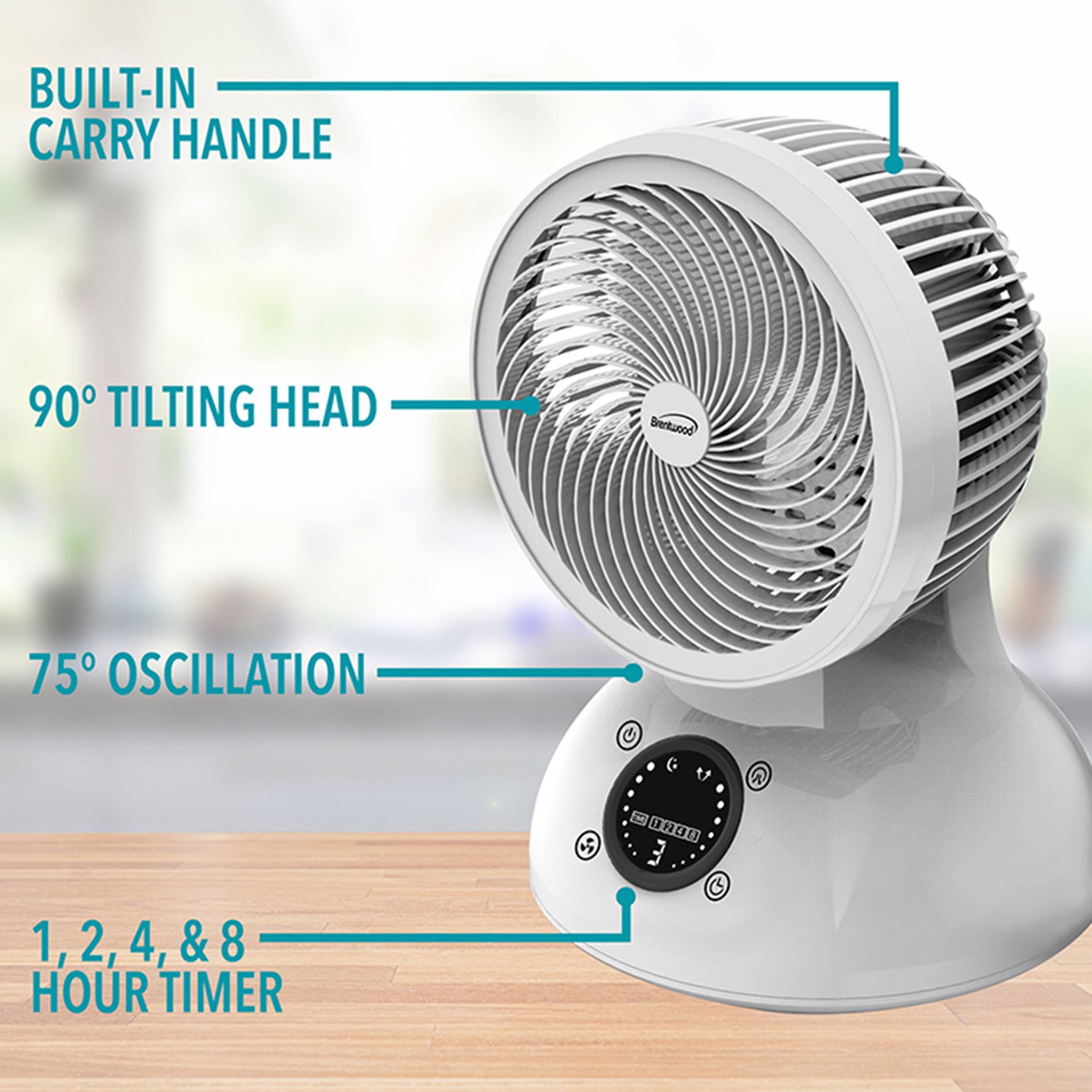 BUILT-IN CARRY HANDLE  
90° TILTING HEAD  
75° OSCILLATION  
1, 2, 4, & 8 HOUR TIMER