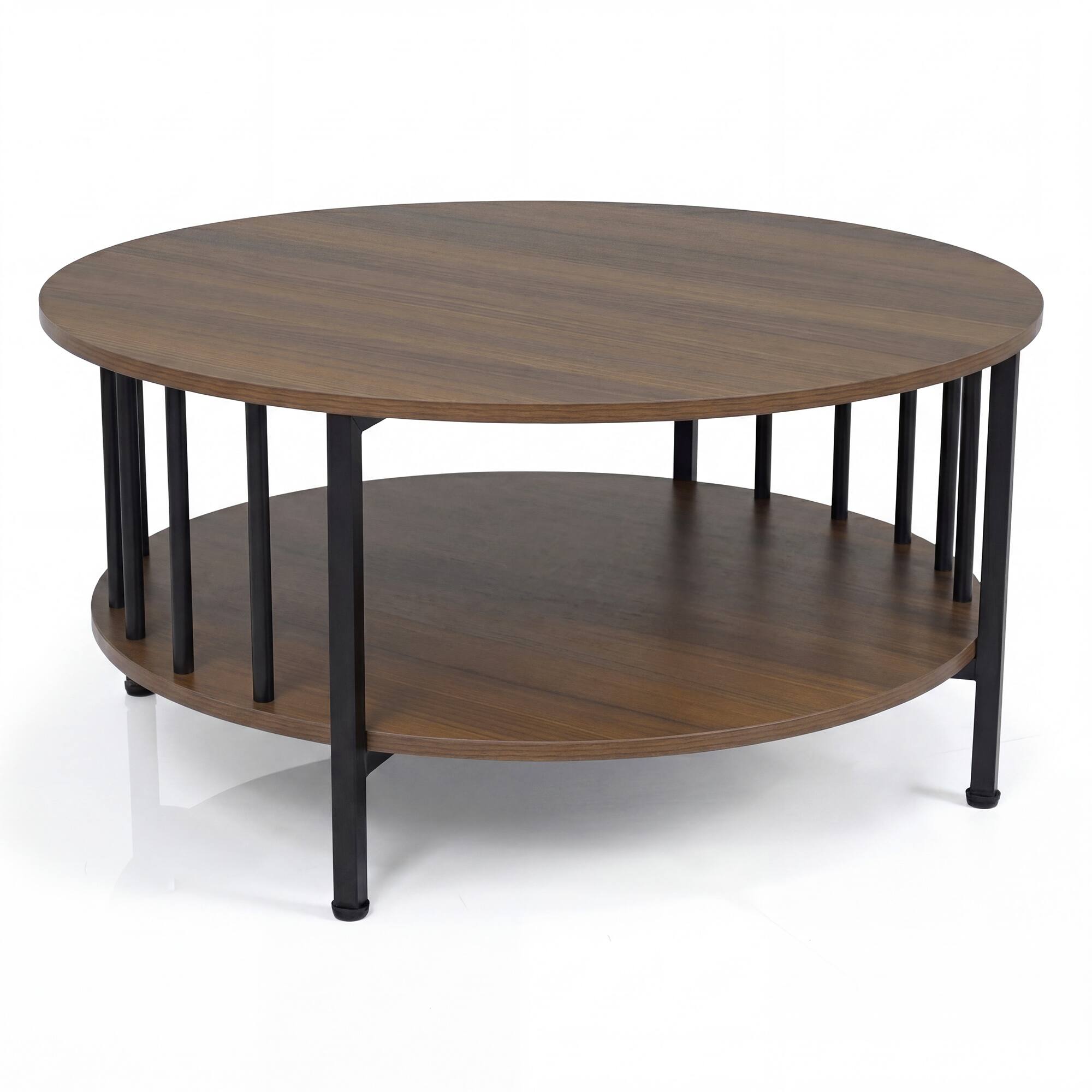 Alt View 9. Gymax - Gymax 32.5'' 2-Tier Round Coffee Table w/ Storage Shelf & Picketed Metal Accents Walnut - Brown.