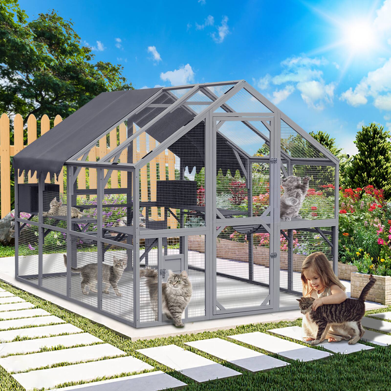 Front. TinyHomie - 110 Grey Outdoor Cat House Enclosure Kitten Playpen Platforms Waterproof Cover.