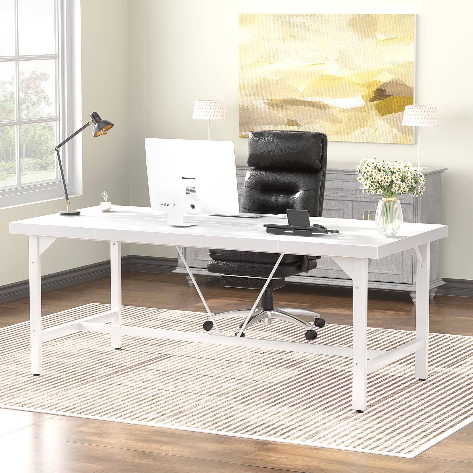 Aheaplus - 63" Heavy Duty Computer Desk: 1.4" Wood Desktop & Metal Frame, 2-Person Workstation for Home Office - White