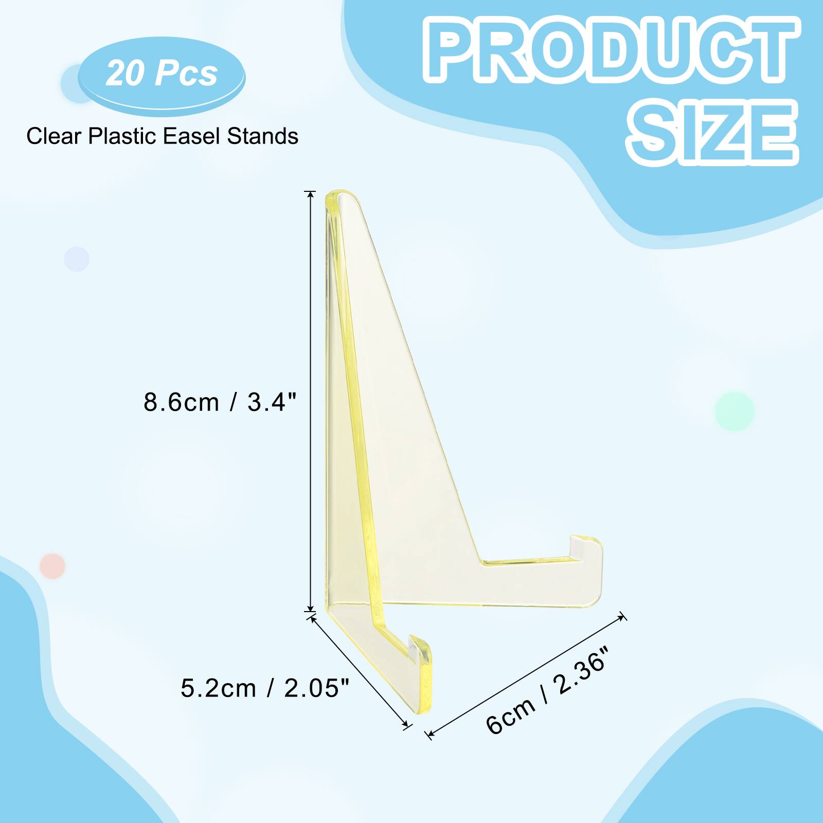 20 Pcs Clear Plastic Easel Stands

PRODUCT SIZE

8.6cm / 3.4"  
5.2cm / 2.05"  
6cm / 2.36"