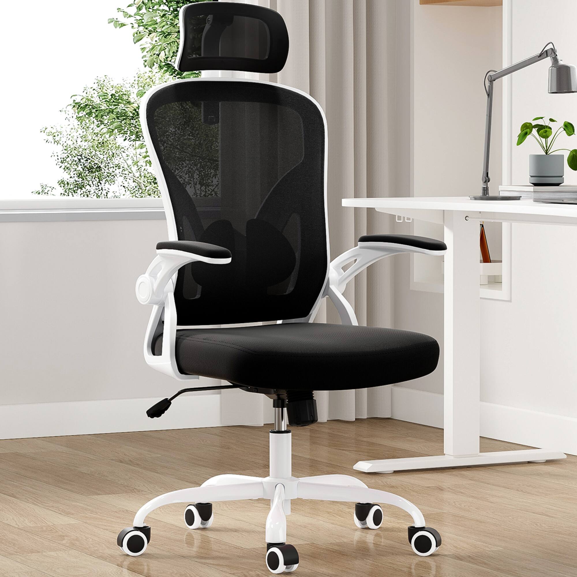 GOODSILO - Ergonomic High-Back Mesh Office Chair with Adjustable Lumbar Support and Flip-Up Armrests - Black+White