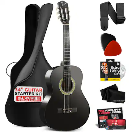 NO T Extra String Set E, A, D, G, B, E. 34" GUITAR STARTER KIT ALL WOOD PREMIUM BUILD CLEANING CLOTH TUNER APP & FREE LESSONS 2 MONTH