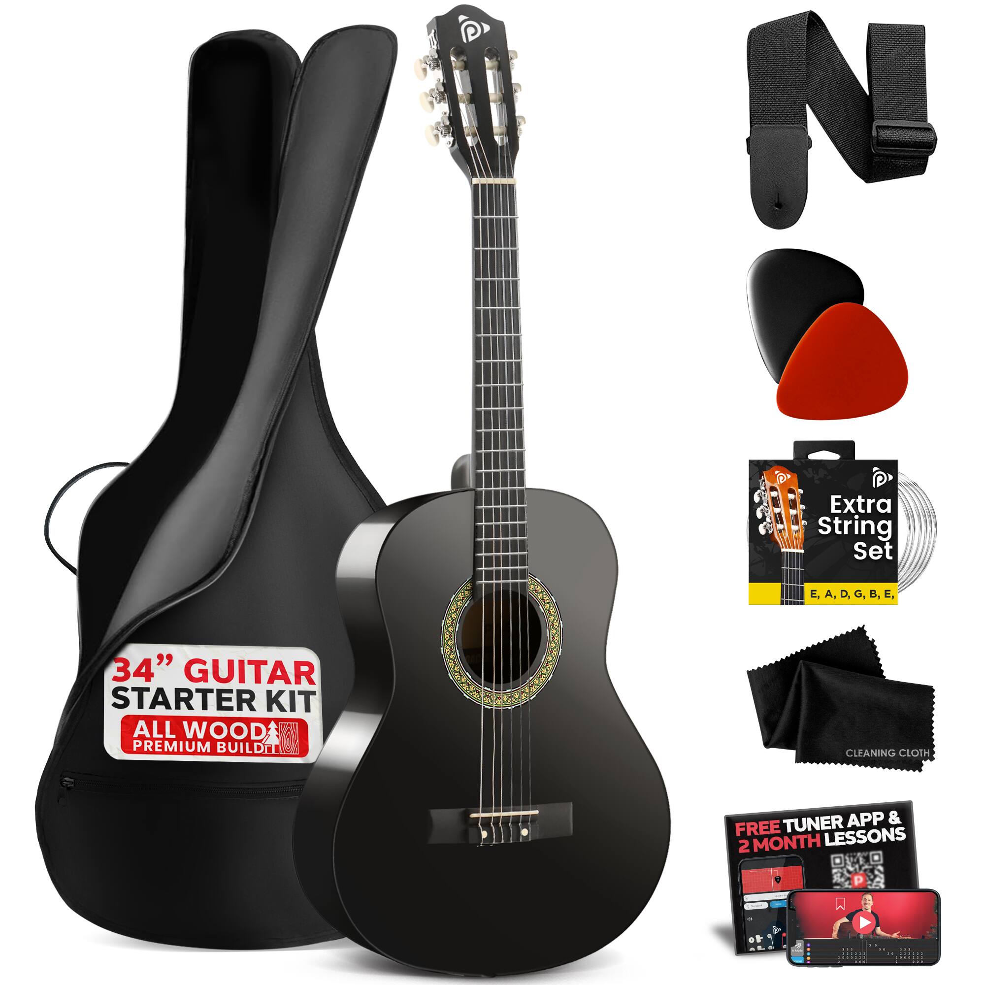 NO T Extra String Set E, A, D, G, B, E. 34" GUITAR STARTER KIT ALL WOOD PREMIUM BUILD CLEANING CLOTH TUNER APP & FREE LESSONS 2 MONTH