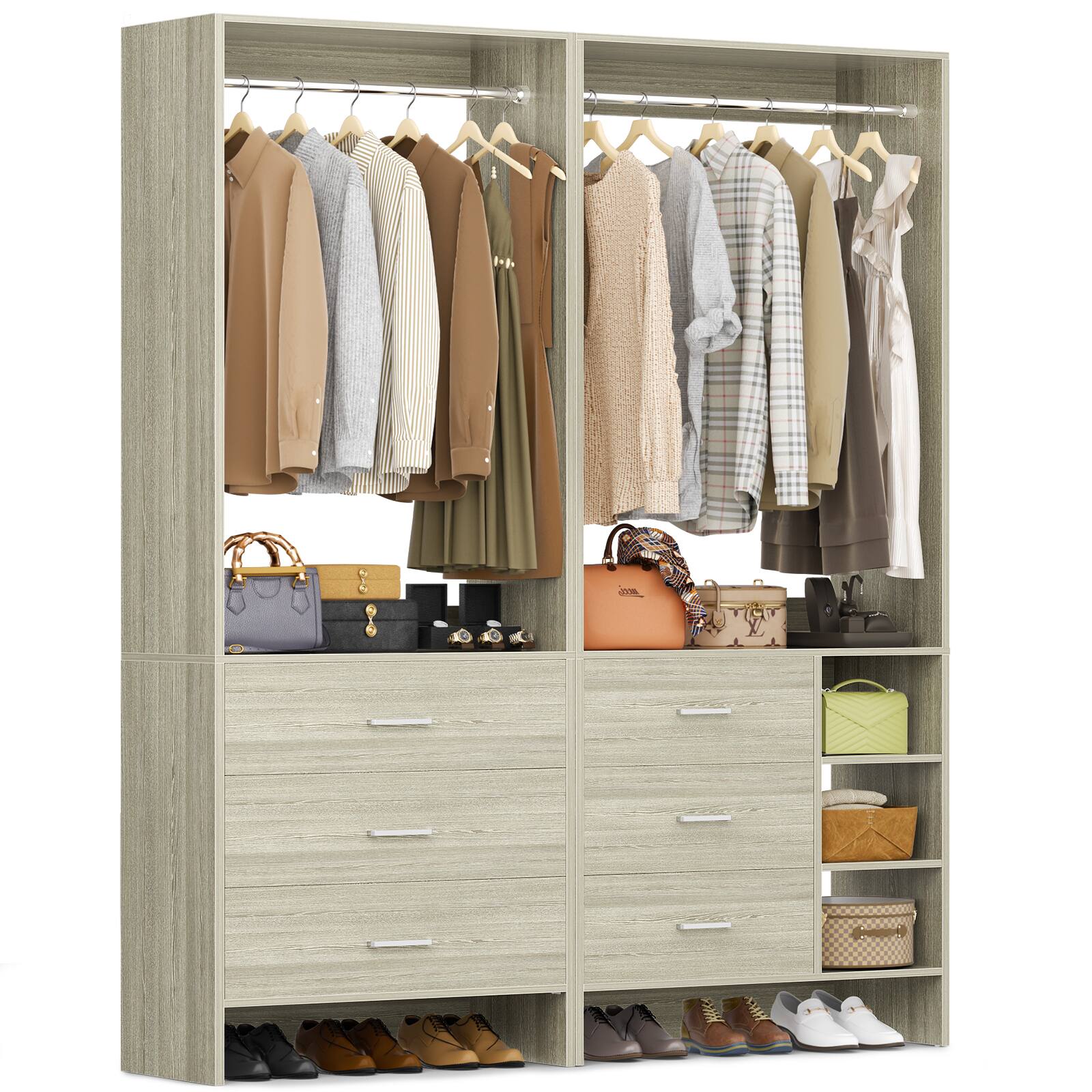 Angle. Aheaplus - Wardrobe Closet System 2-Piece Set, 4.5ft Organizer System with 6 Drawers and 2 Hanging Rods - Beige Oak.