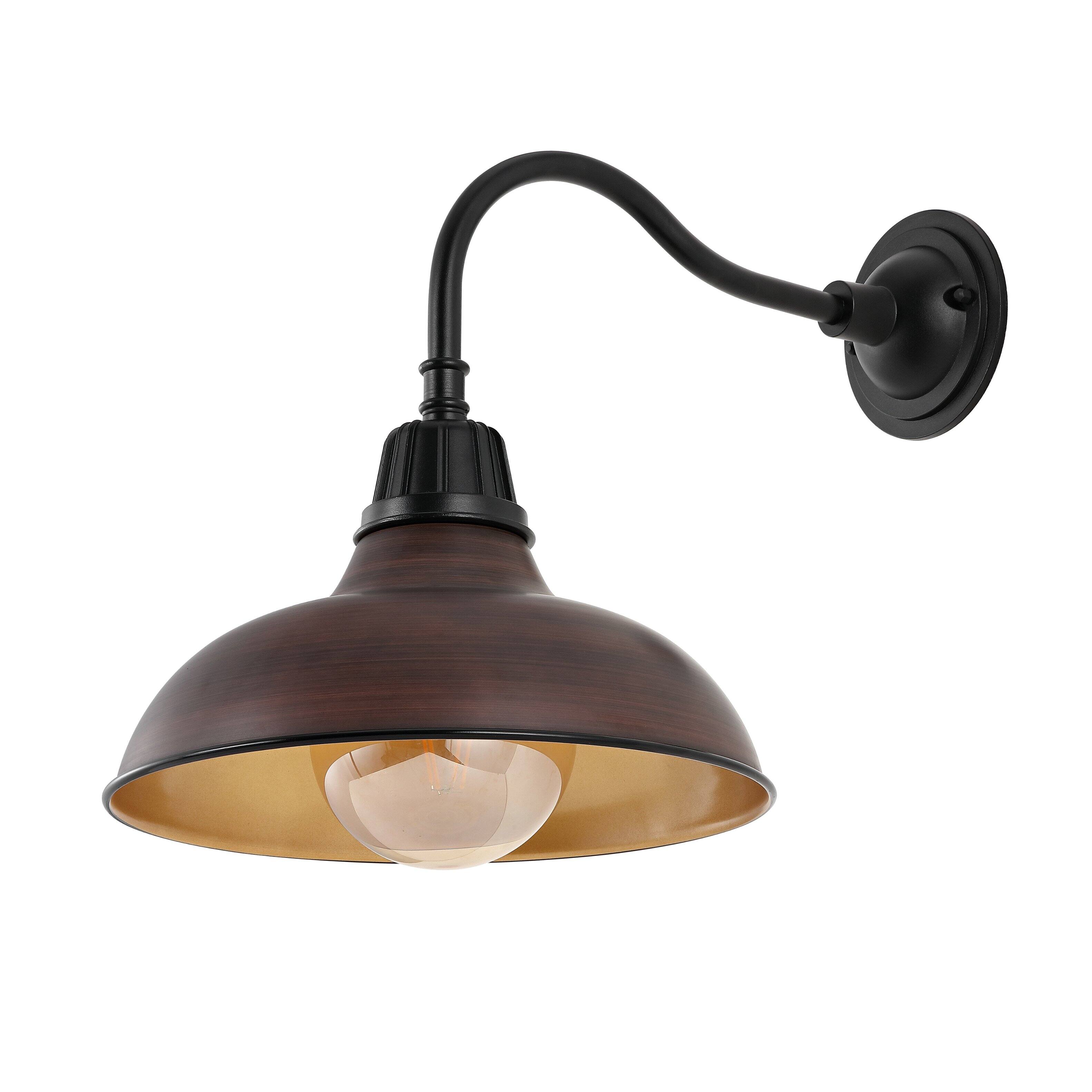 Alt View 5. Jonathan Y - Aurora 12.25" 1-Light Farmhouse Industrial Indoor/Outdoor Iron LED Gooseneck Arm Outdoor Sconce, Wood Finish/Copper - Wood Finish/Black.